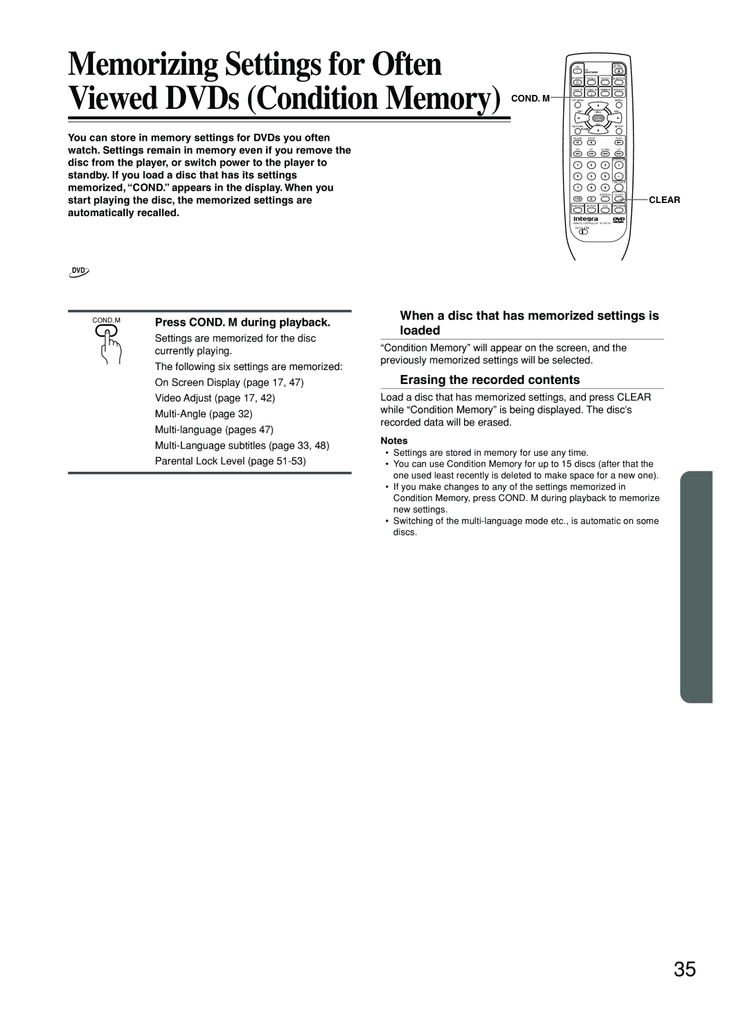 Integra DPS-5.2 Memorizing Settings for Often, Memorizing Settings for DVDs, Erasing the recorded contents 