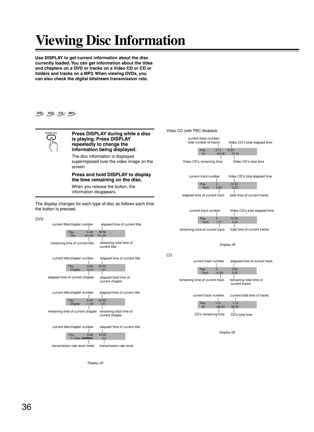 Integra DPS-5.2 instruction manual Viewing Disc Information during while a disc is playing 