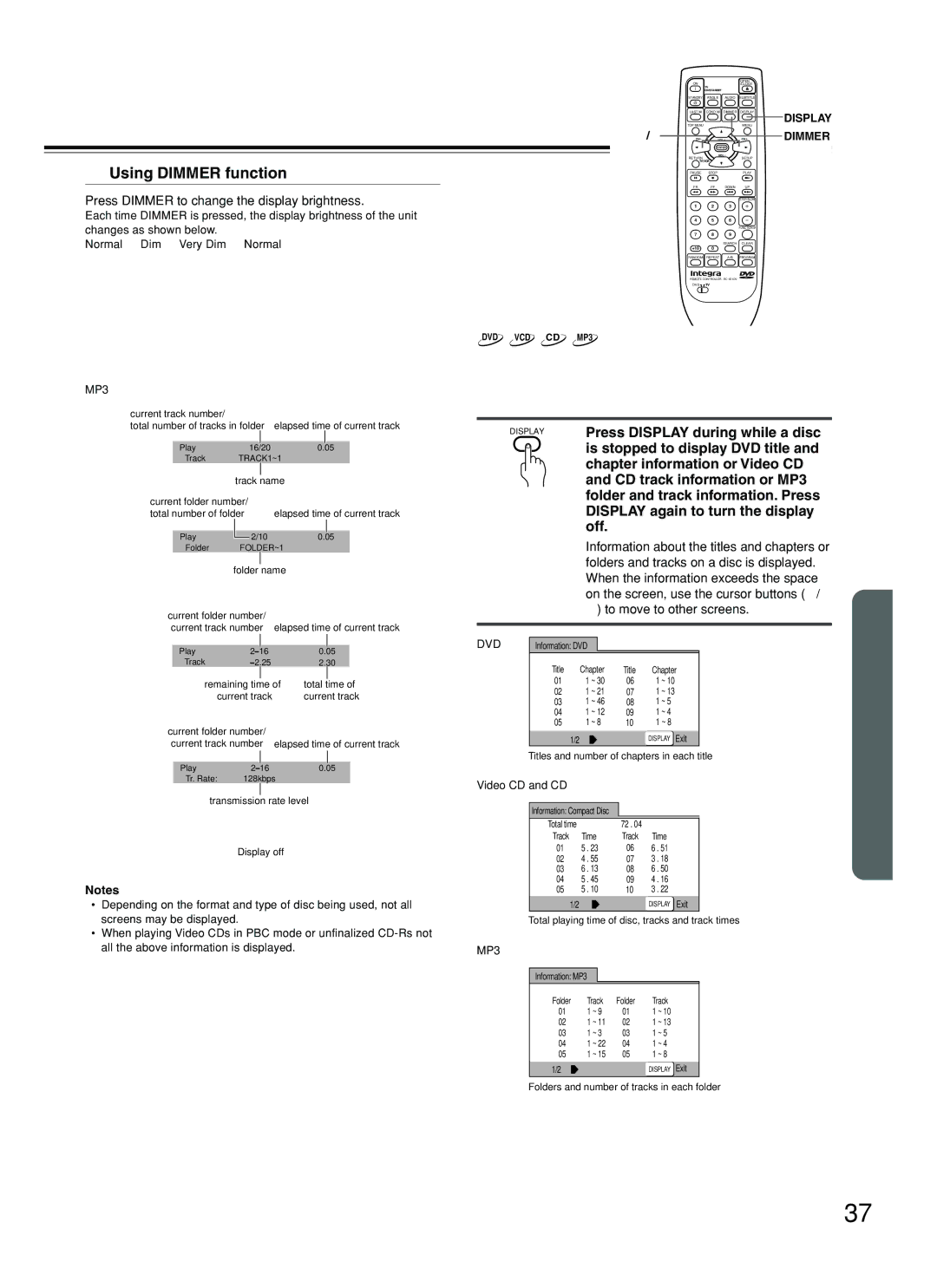 Integra DPS-5.2 instruction manual Viewing Disc Information during while a disc is stopped, Using Dimmer function 