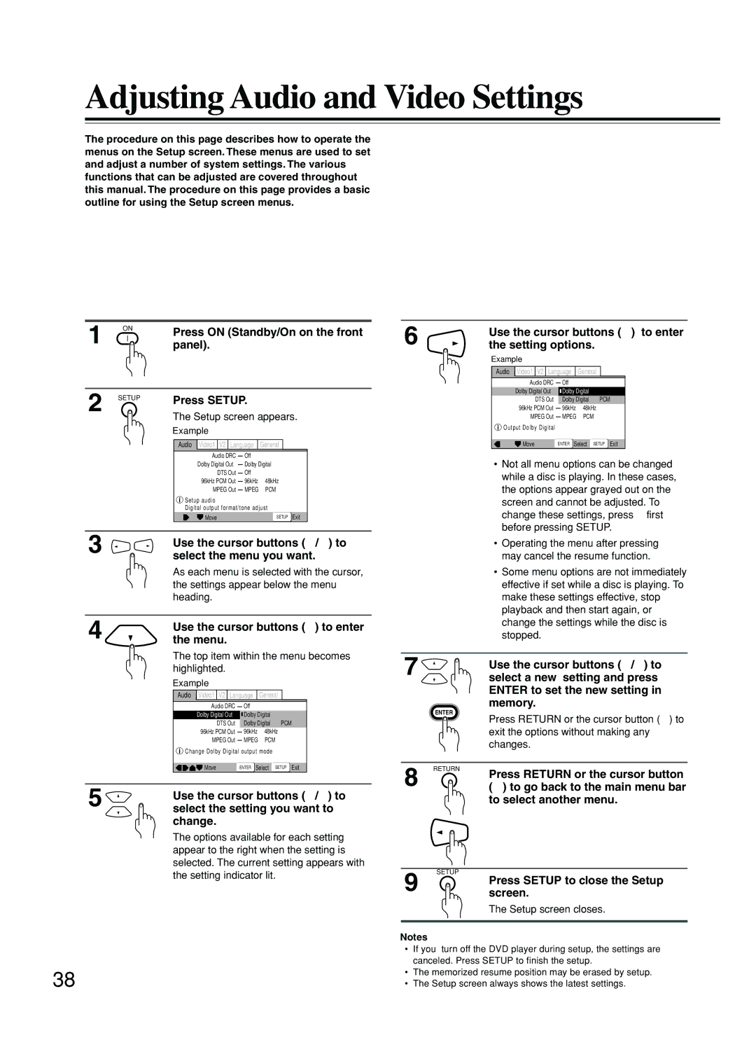 Integra DPS-5.2 instruction manual Adjusting Audio and Video Settings, Using the Setup Screen Menus 