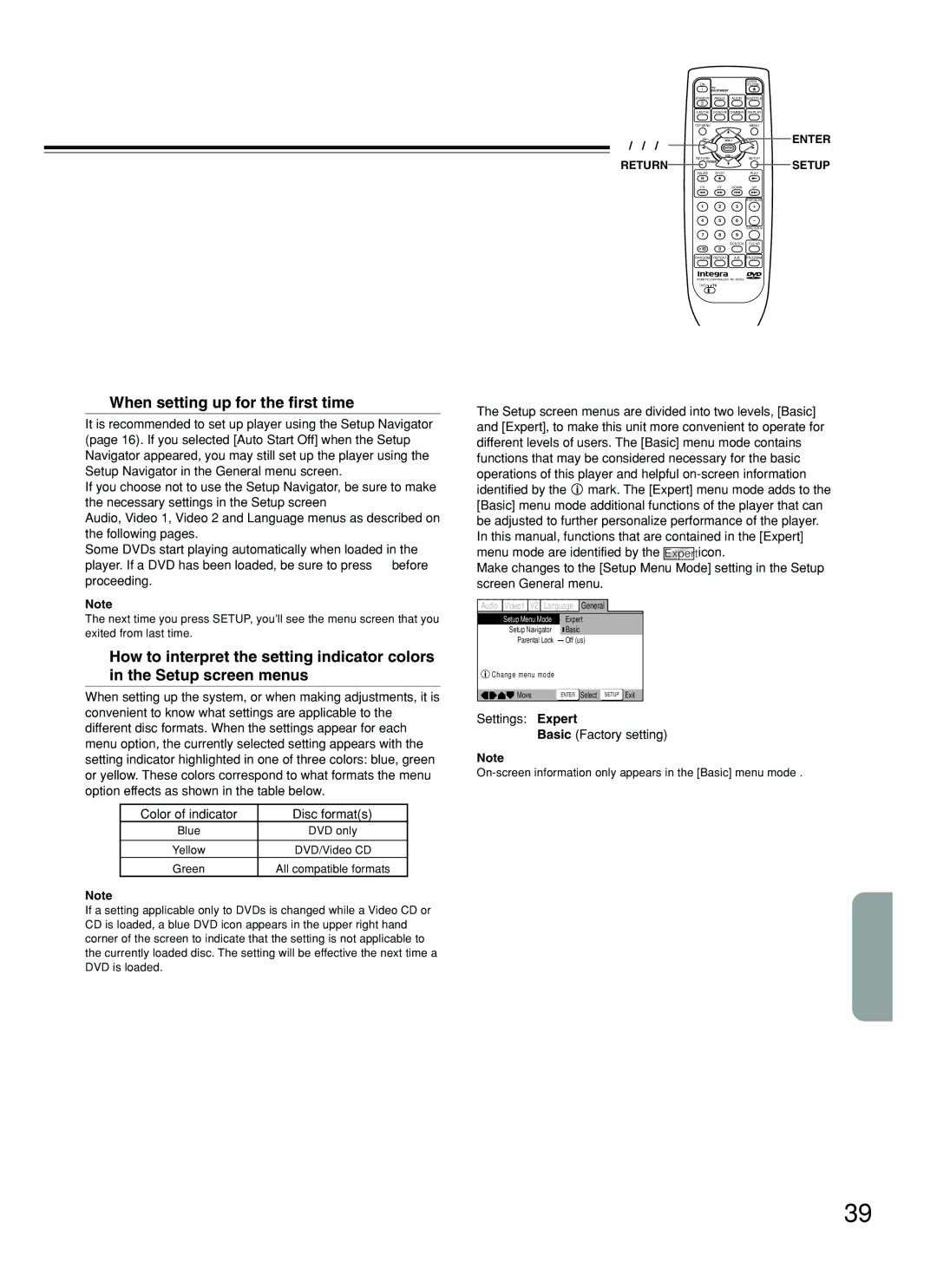 Integra DPS-5.2 Changing to the Setup Screen Expert Menu Mode, Settings Expert Basic Factory setting, Return Setup 