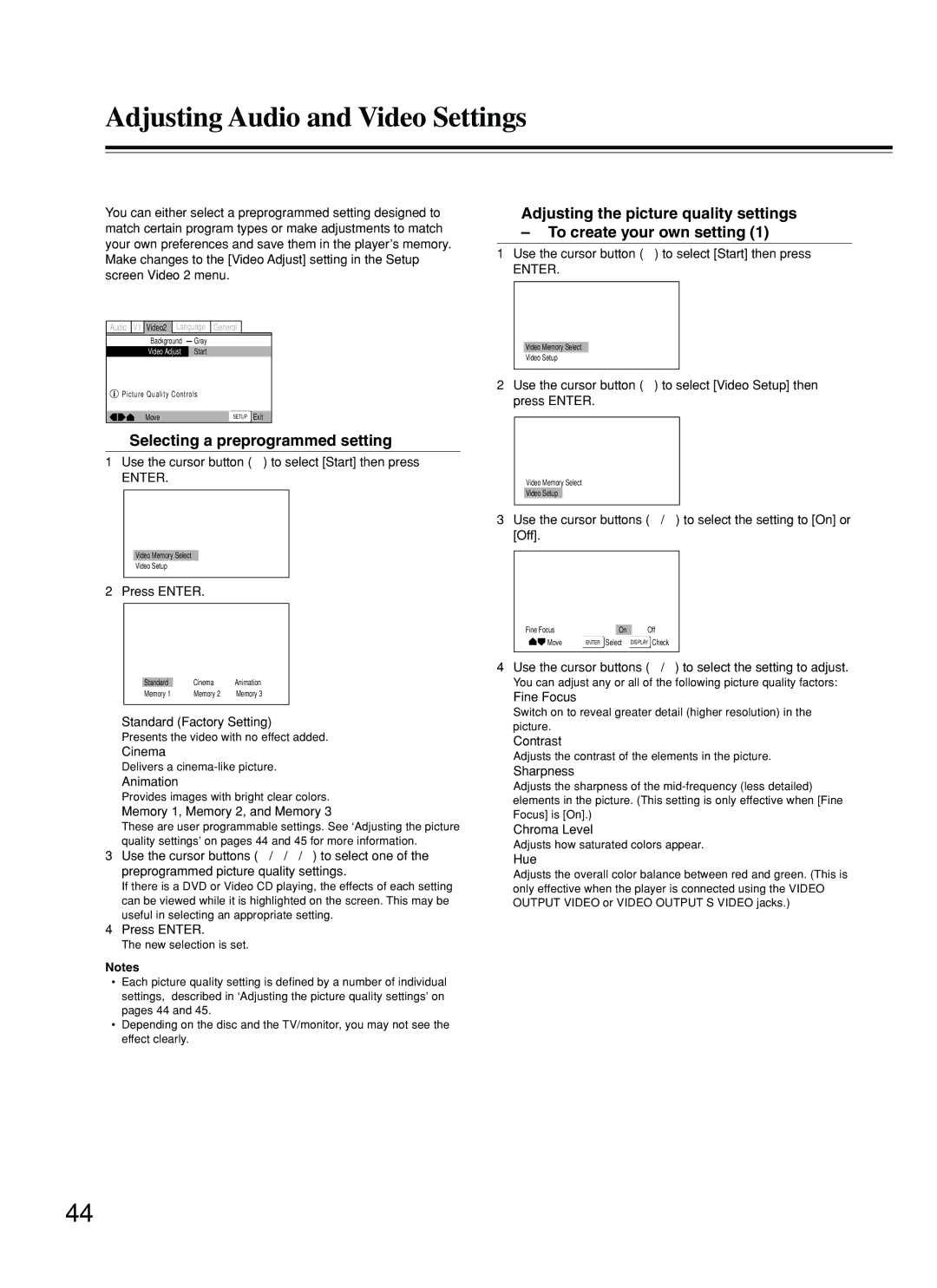 Integra DPS-5.2 instruction manual Adjusting the Video Quality, Selecting a preprogrammed setting 