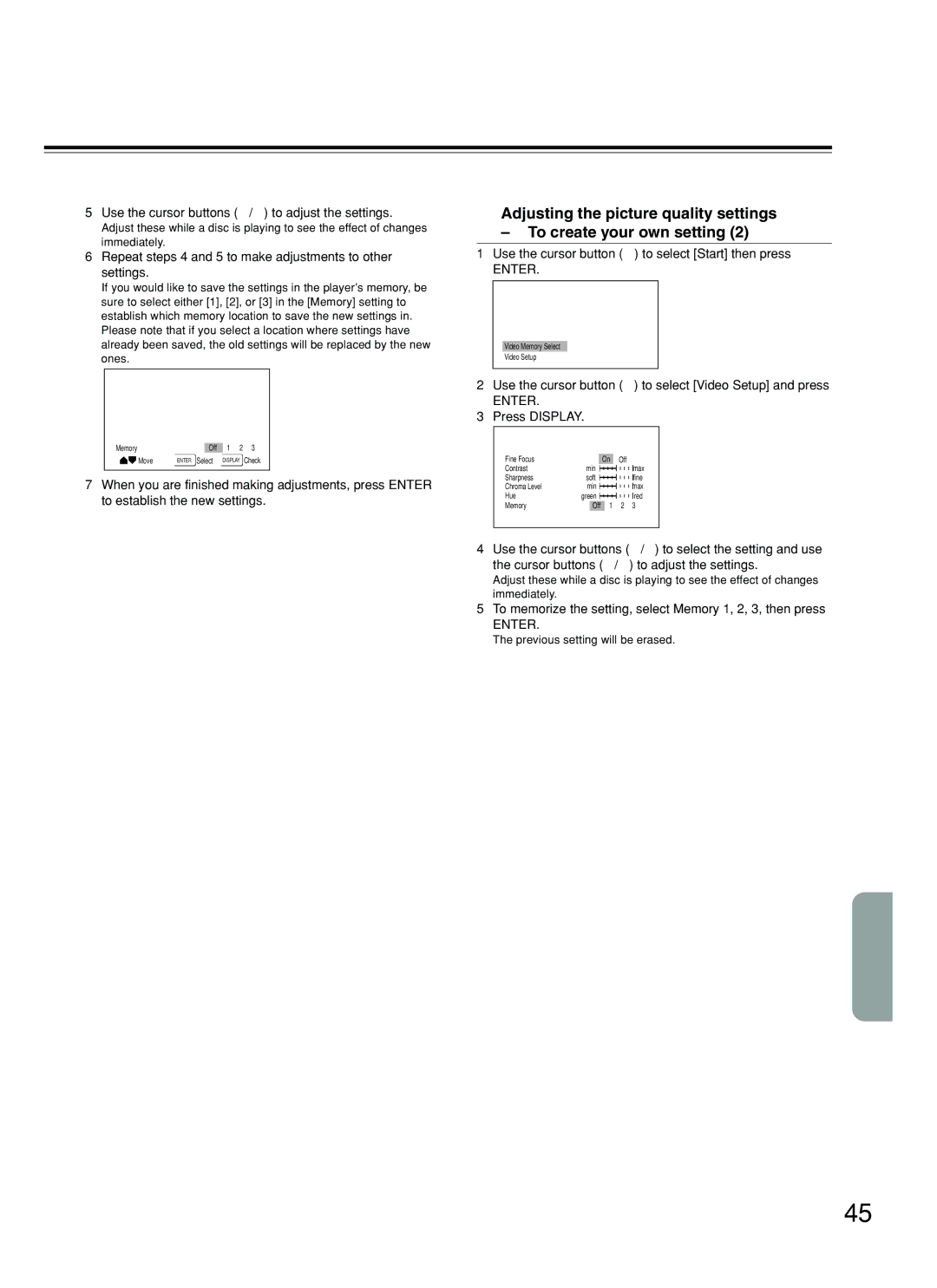 Integra DPS-5.2 Use the cursor buttons 2/3 to adjust the settings, Use the cursor button ∞ to select Video Setup and press 