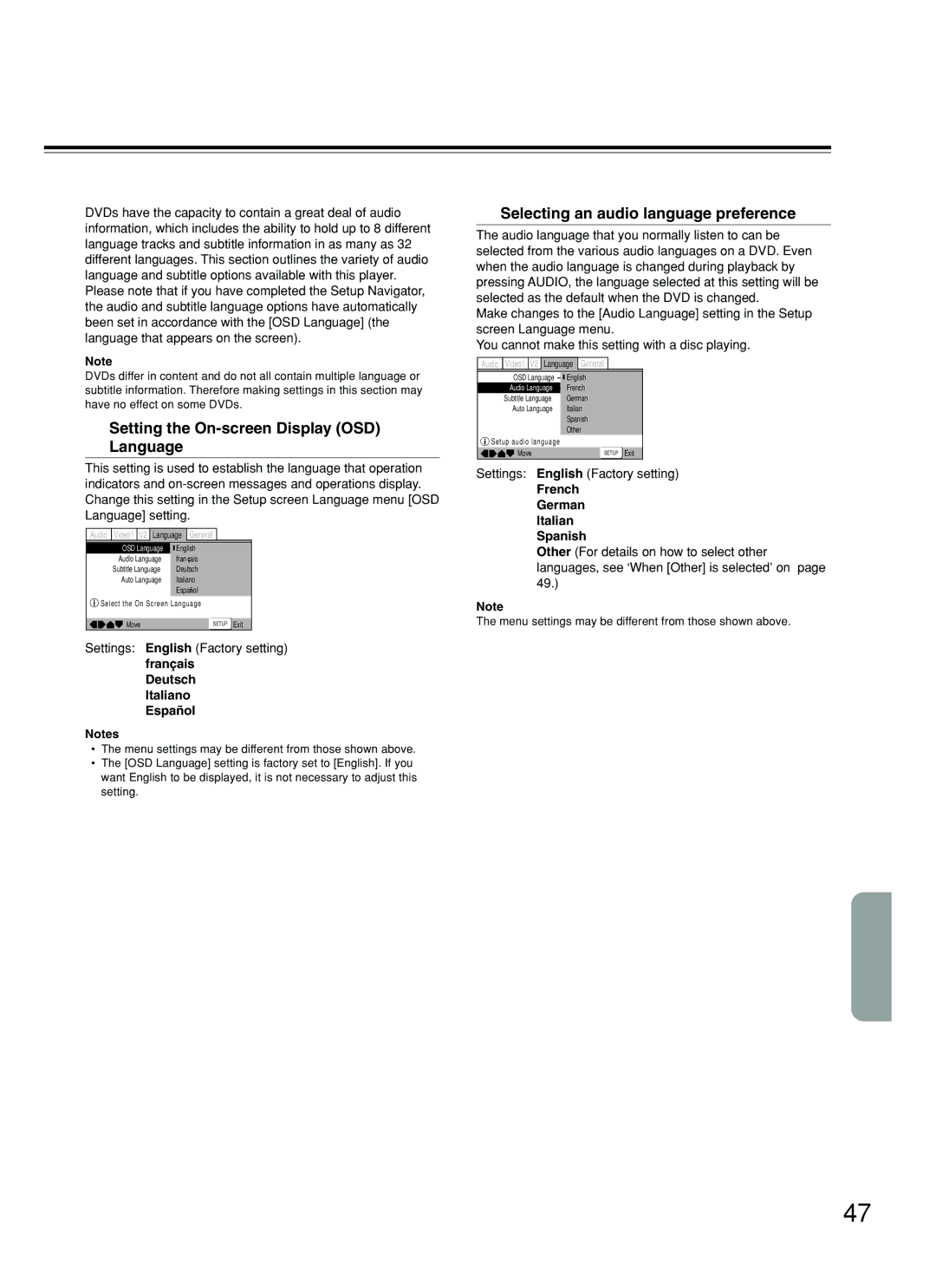 Integra DPS-5.2 Setting the Language Options, Setting the On-screen Display OSD Language, Settings English Factory setting 