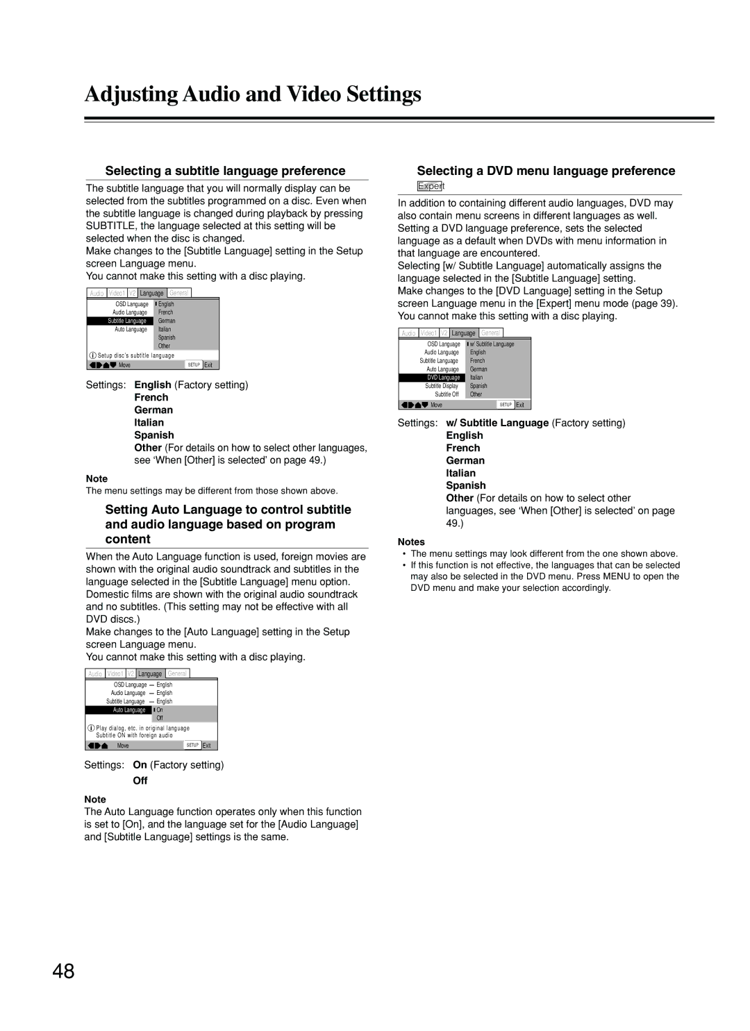 Integra DPS-5.2 instruction manual Selecting a subtitle language preference, Selecting a DVD menu language preference 