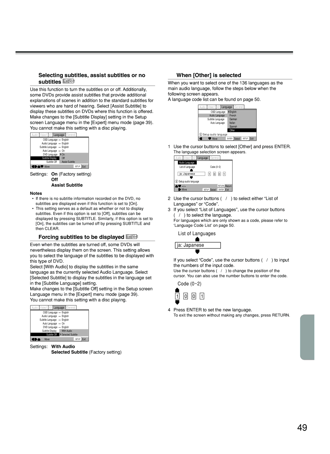 Integra DPS-5.2 instruction manual Forcing subtitles to be displayed Expert, When Other is selected, Off Assist Subtitle 