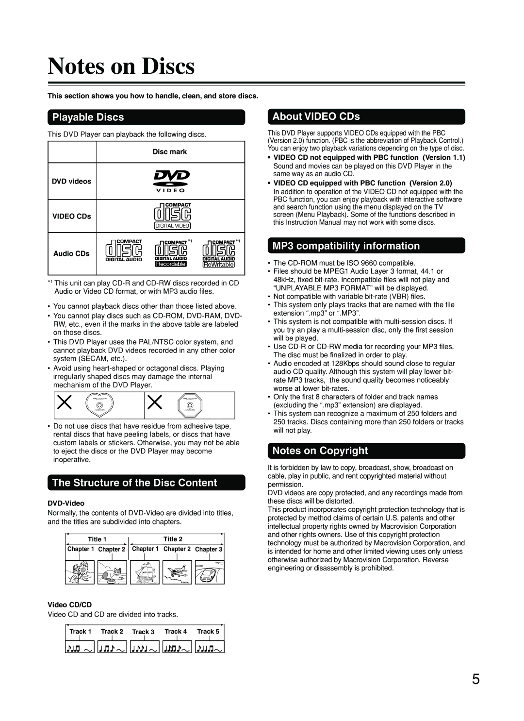 Integra DPS-5.2 Playable Discs, Structure of the Disc Content, About Video CDs, MP3 compatibility information 