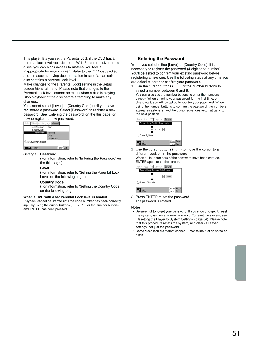 Integra DPS-5.2 instruction manual Setting the Parental Lock Level, Entering the Password, Settings Password, Country Code 