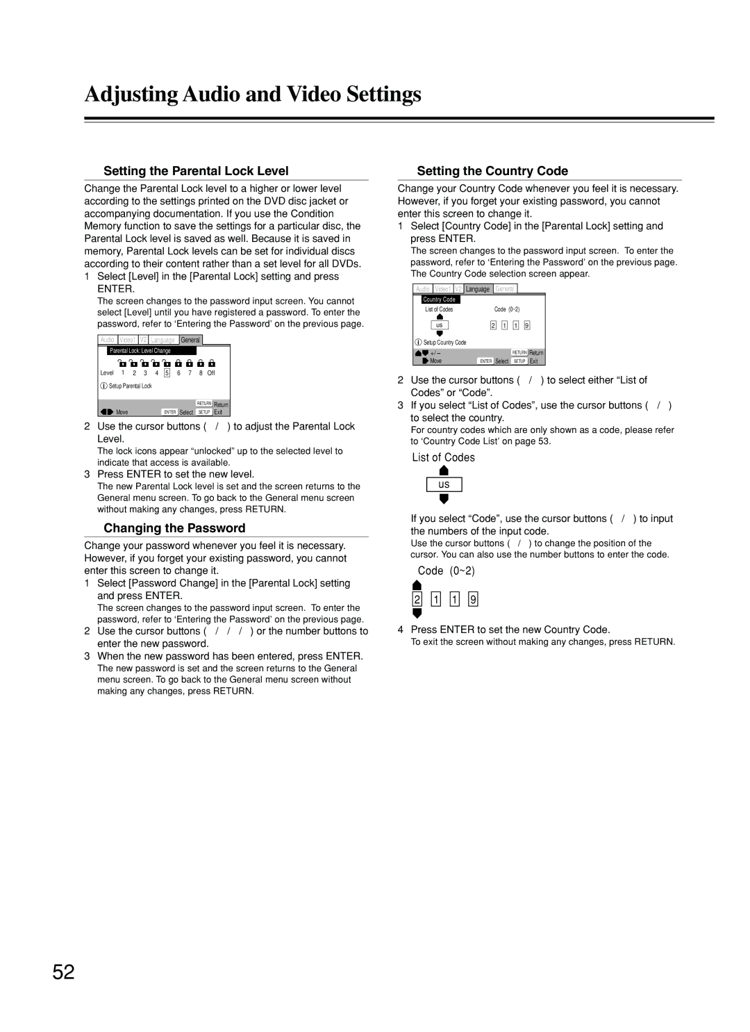 Integra DPS-5.2 instruction manual Setting the Parental Lock Level, Changing the Password, Setting the Country Code 