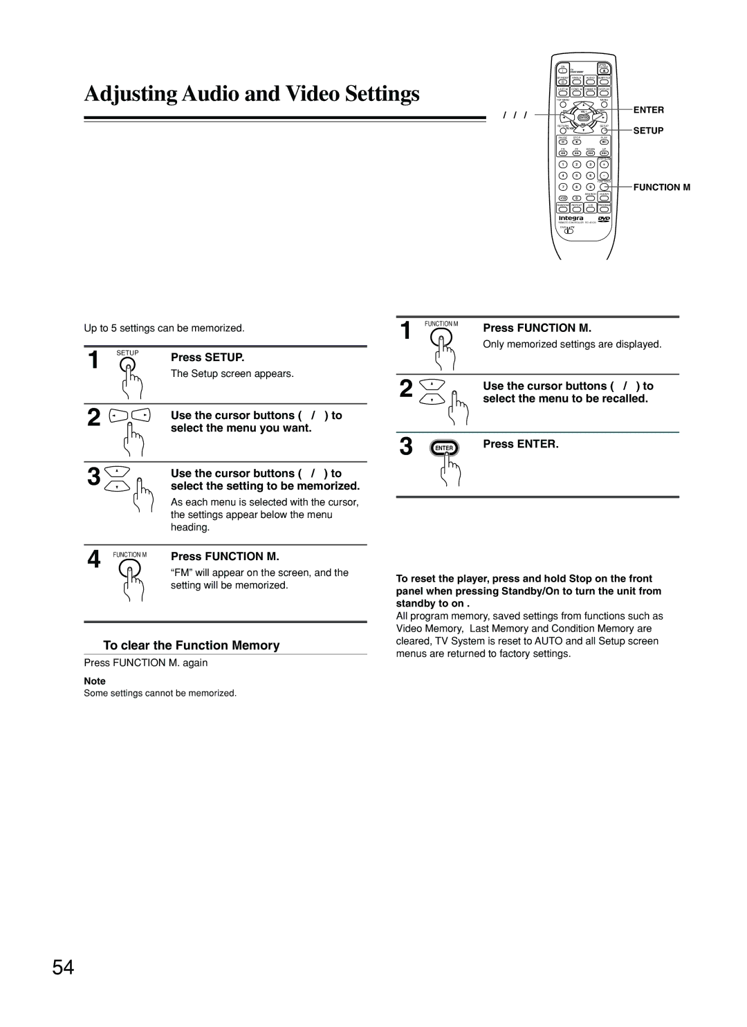 Integra DPS-5.2 Memorizing settings Function Memory, Recalling memorized settings, Resetting the Player to System Settings 