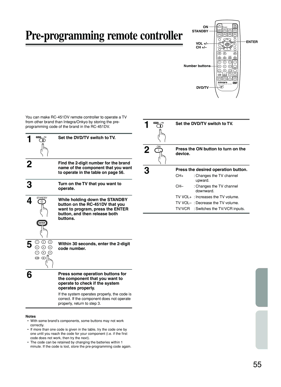 Integra DPS-5.2 instruction manual Learning a pre-programming code, Controlling a TV 