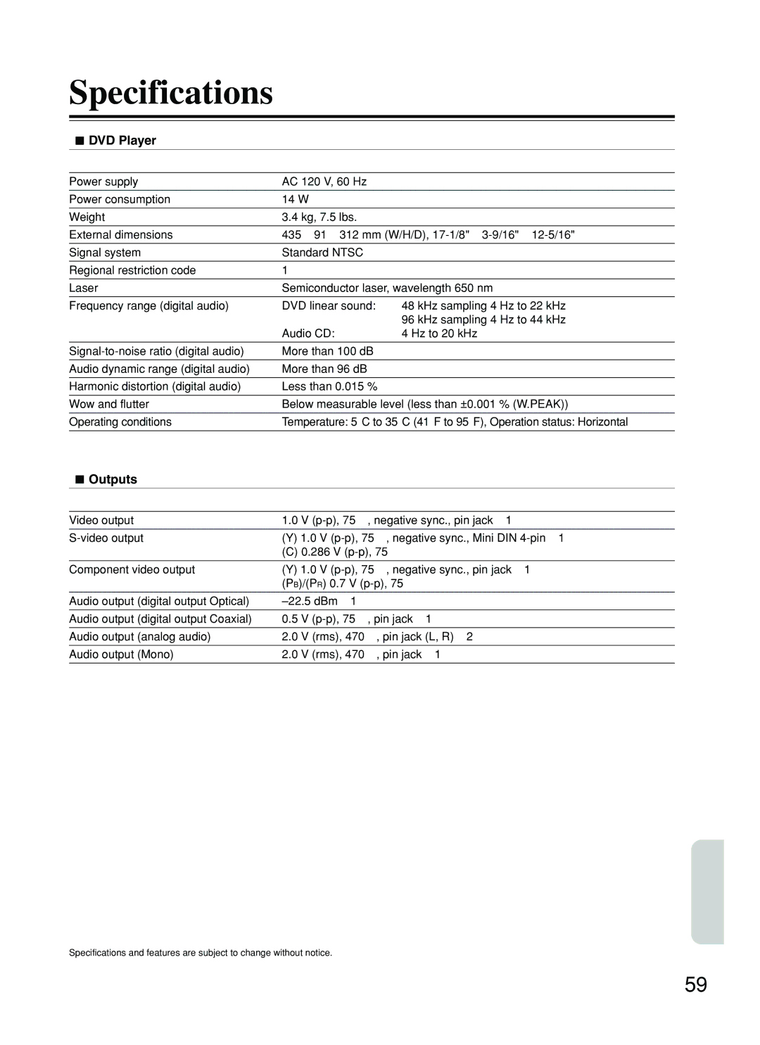 Integra DPS-5.2 instruction manual Specifications, DVD Player, Outputs 