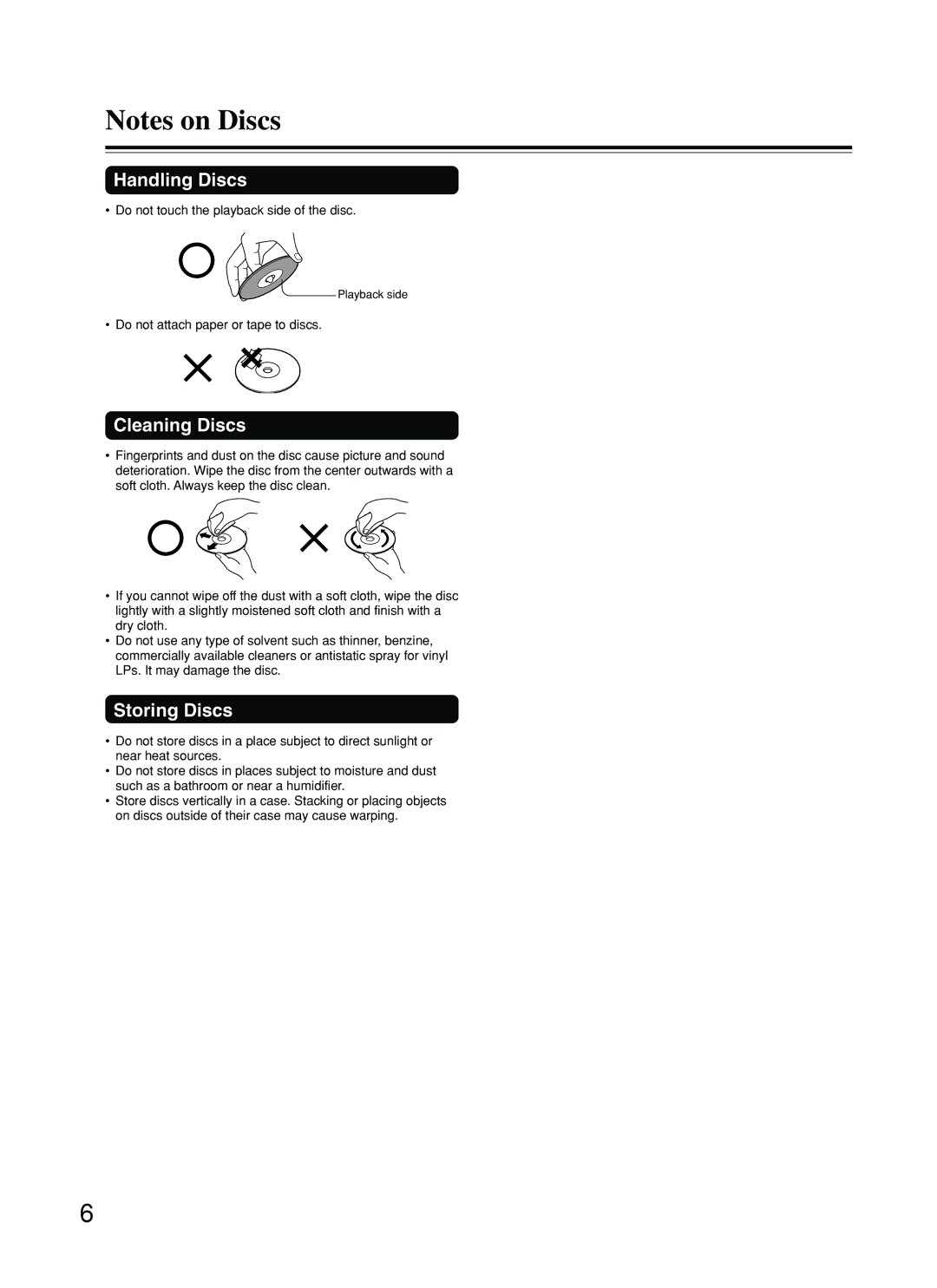 Integra DPS-5.2 Handling Discs, Cleaning Discs, Storing Discs, Do not touch the playback side of the disc 