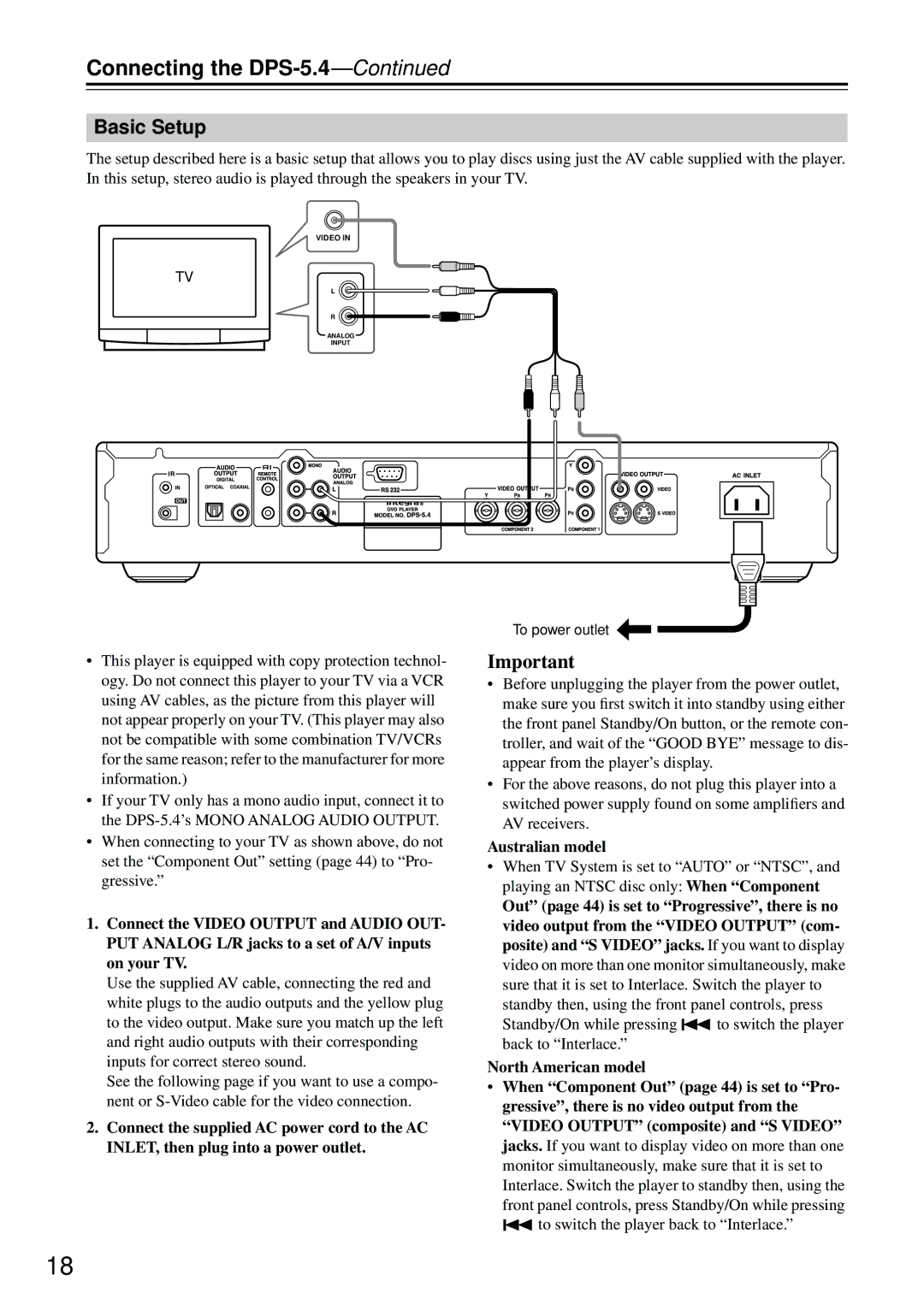 Integra instruction manual Connecting the DPS-5.4, Basic Setup, Australian model 