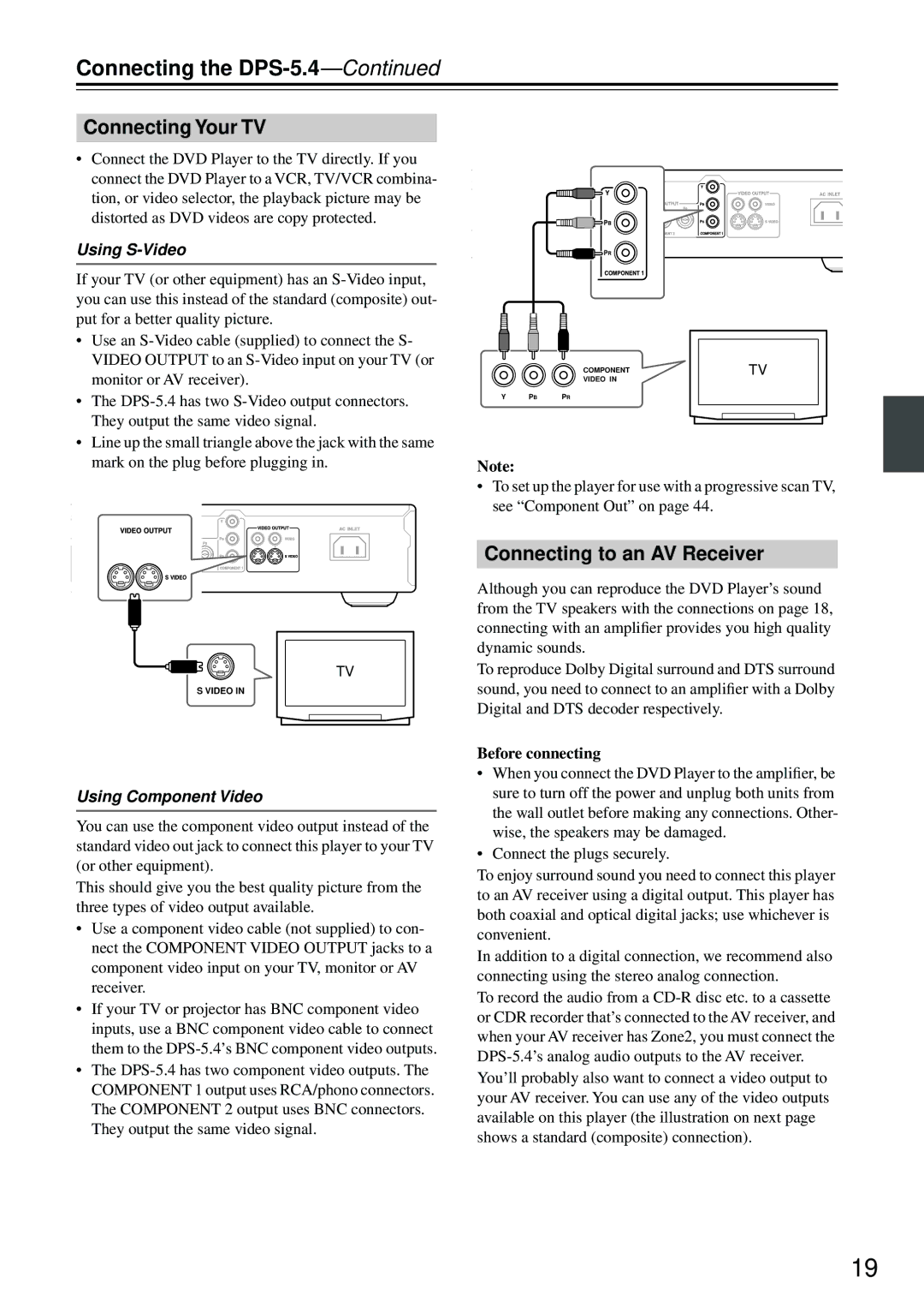 Integra DPS-5.4 Connecting Your TV, Connecting to an AV Receiver, Using S-Video, Using Component Video, Before connecting 