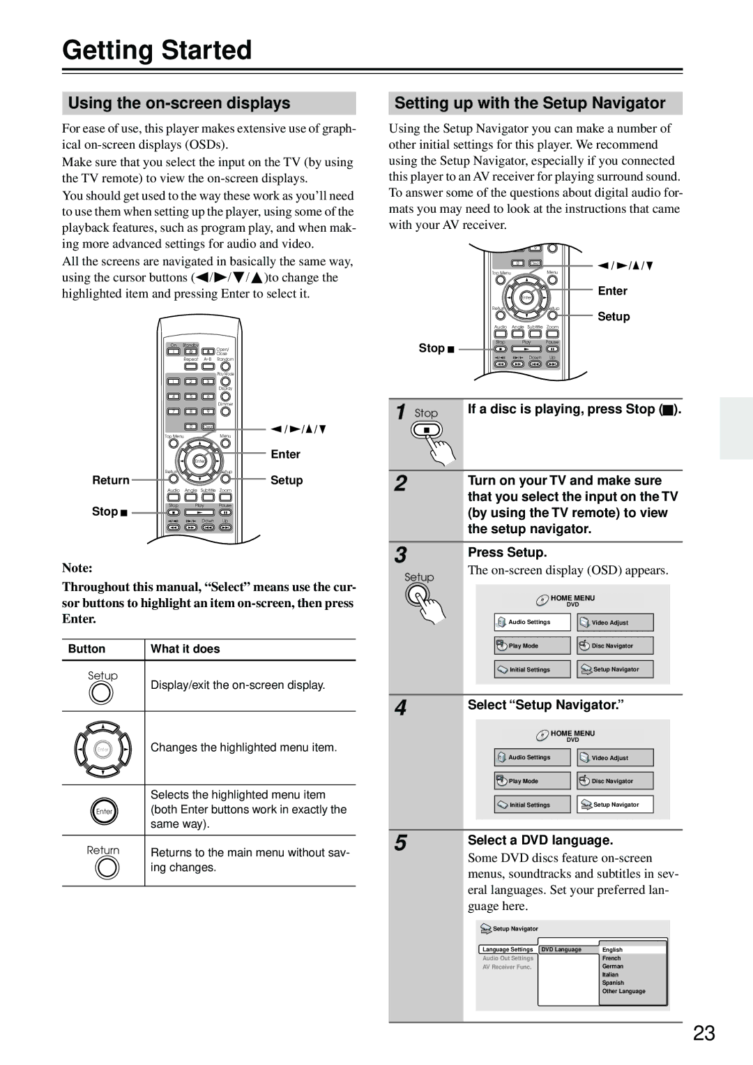 Integra DPS-5.4 instruction manual Getting Started, Using the on-screen displays, Setting up with the Setup Navigator 