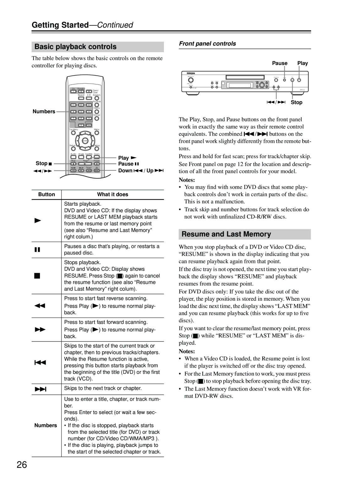 Integra DPS-5.4 instruction manual Basic playback controls, Resume and Last Memory, Front panel controls 