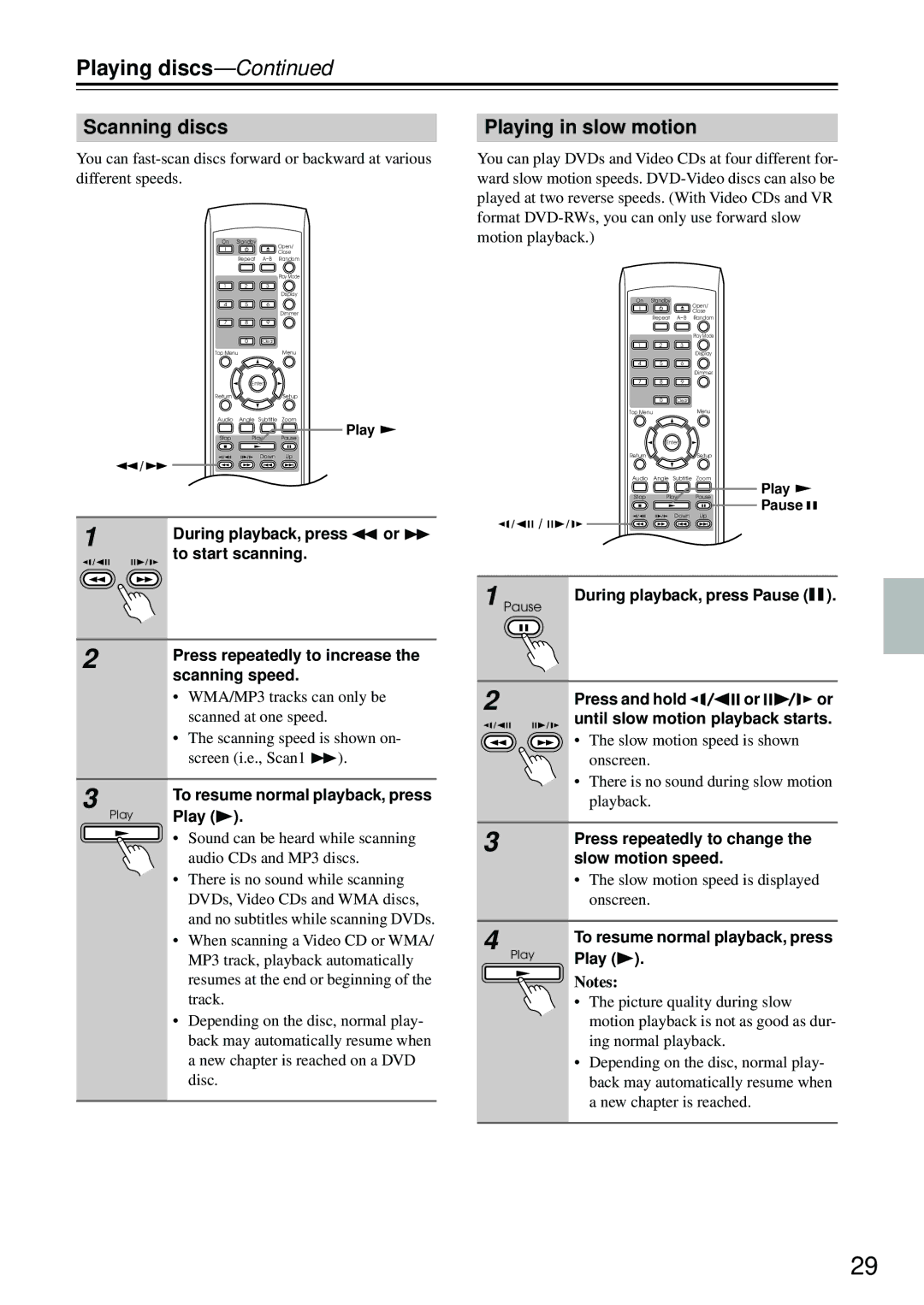 Integra DPS-5.4 instruction manual Playing discs, Scanning discs, Playing in slow motion 