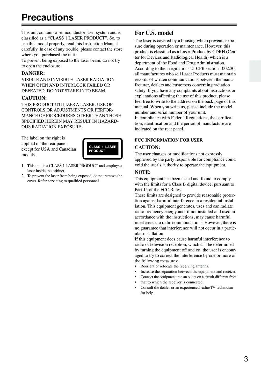 Integra DPS-5.4 instruction manual Precautions, For U.S. model 