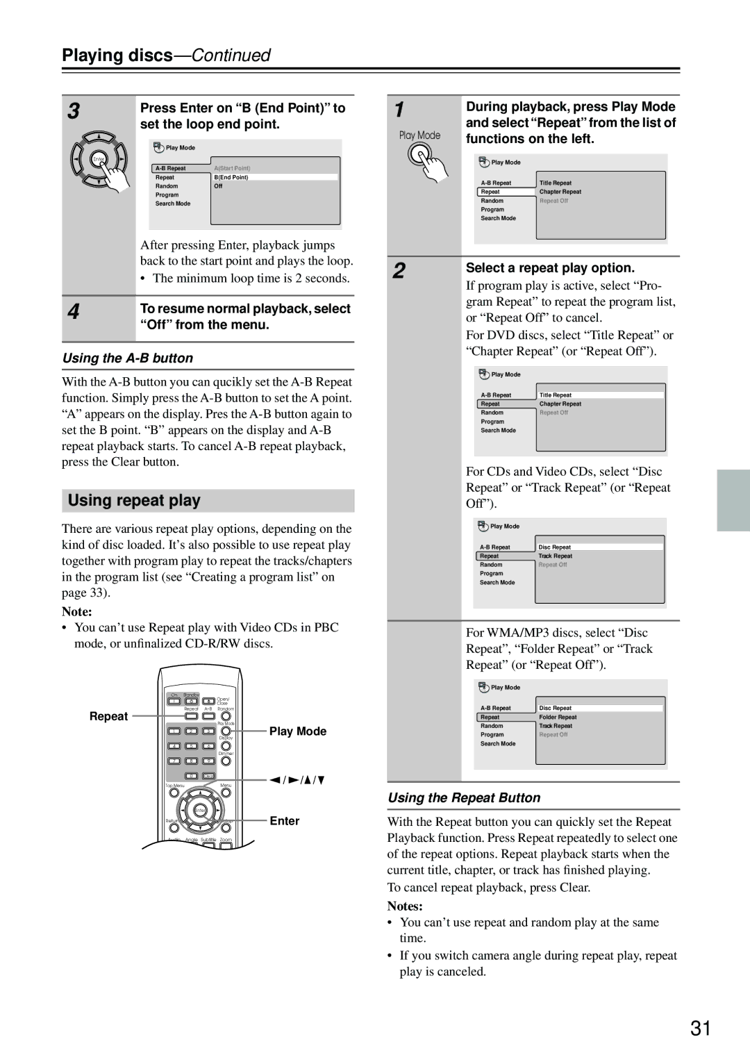 Integra DPS-5.4 instruction manual Using repeat play, Using the A-B button, Using the Repeat Button 