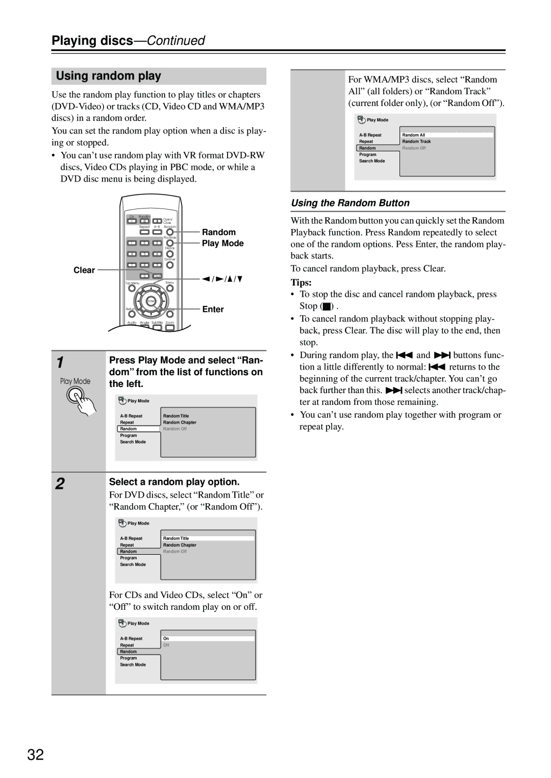 Integra DPS-5.4 instruction manual Using random play, Using the Random Button 