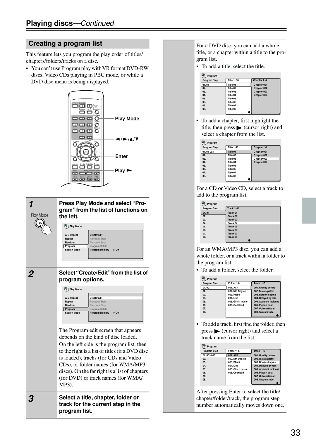 Integra DPS-5.4 instruction manual Creating a program list 