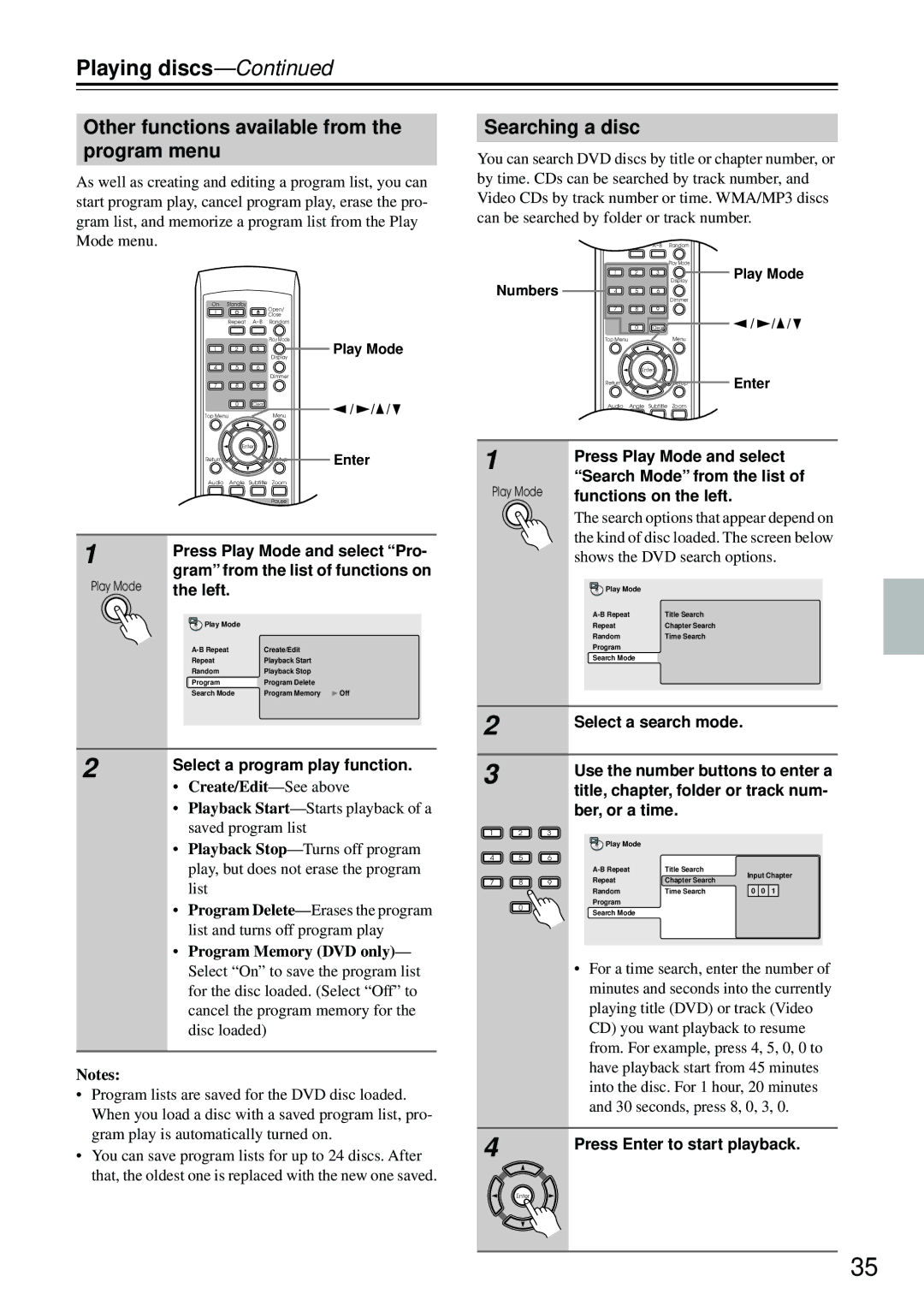 Integra DPS-5.4 instruction manual Other functions available from the program menu, Searching a disc 