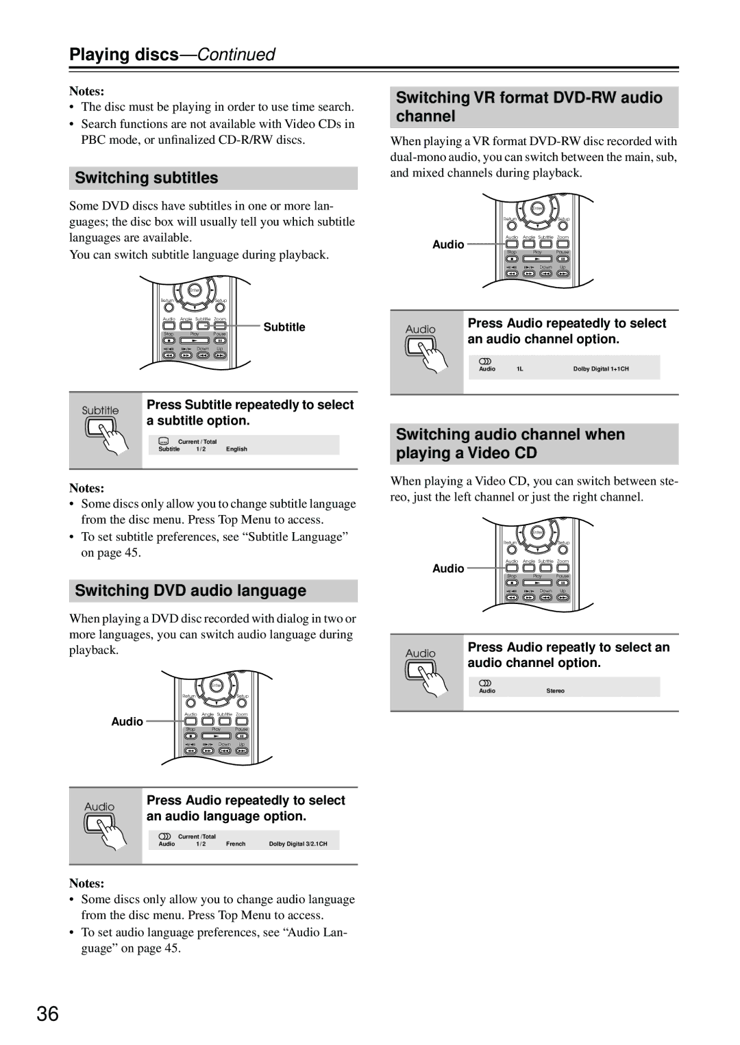 Integra DPS-5.4 Switching subtitles, Switching DVD audio language, Switching VR format DVD-RW audio channel 