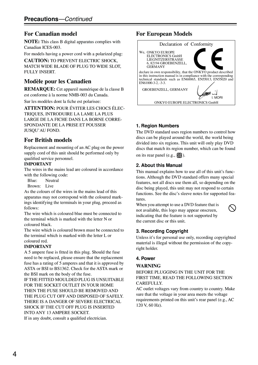 Integra DPS-5.4 instruction manual Precautions, For models having a power cord with a polarized plug 