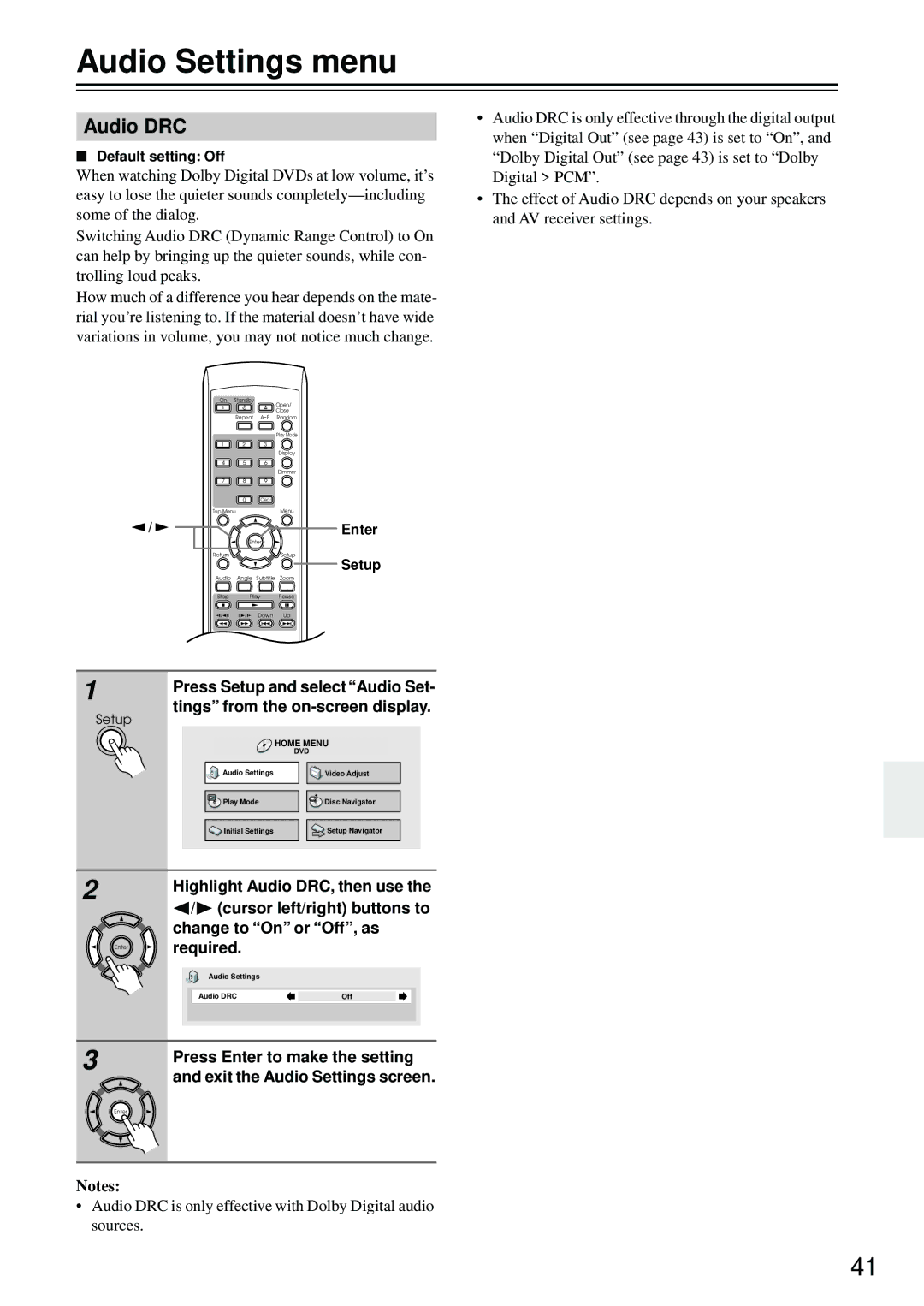 Integra DPS-5.4 instruction manual Audio Settings menu, Audio DRC 