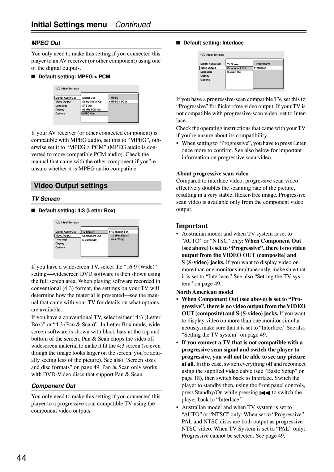 Integra DPS-5.4 instruction manual Initial Settings menu, Video Output settings, Mpeg Out, TV Screen, Component Out 