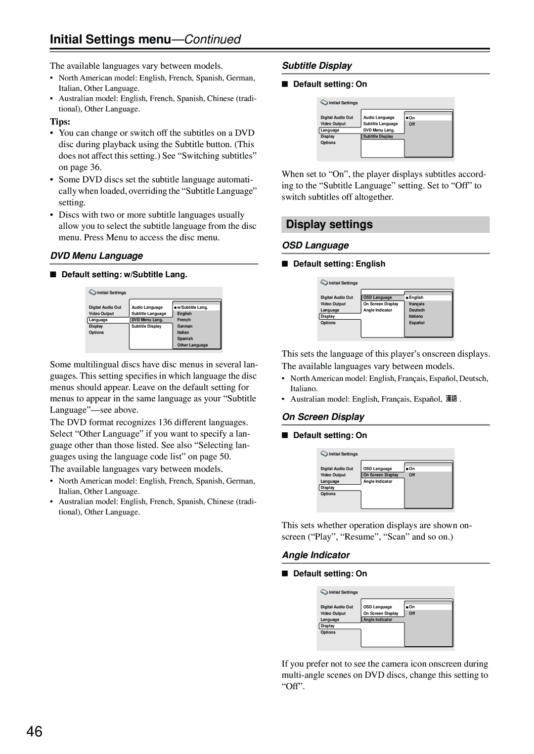 Integra DPS-5.4 instruction manual Display settings 