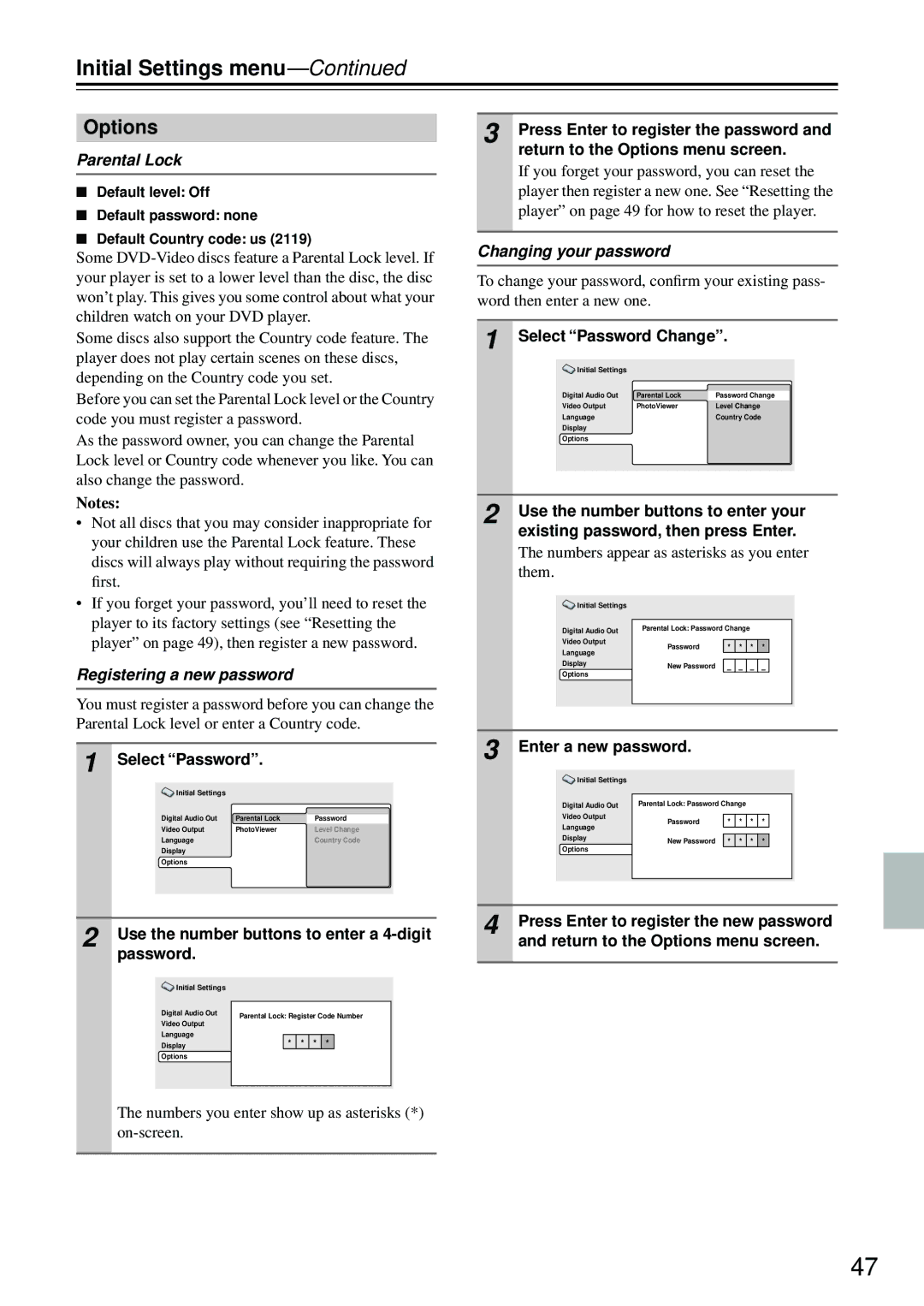 Integra DPS-5.4 instruction manual Options, Parental Lock, Registering a new password, Changing your password 