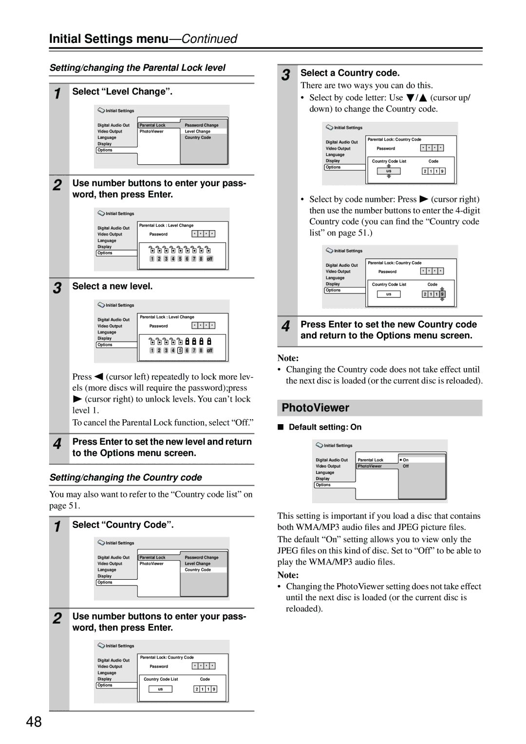 Integra DPS-5.4 instruction manual PhotoViewer, Setting/changing the Parental Lock level, Setting/changing the Country code 