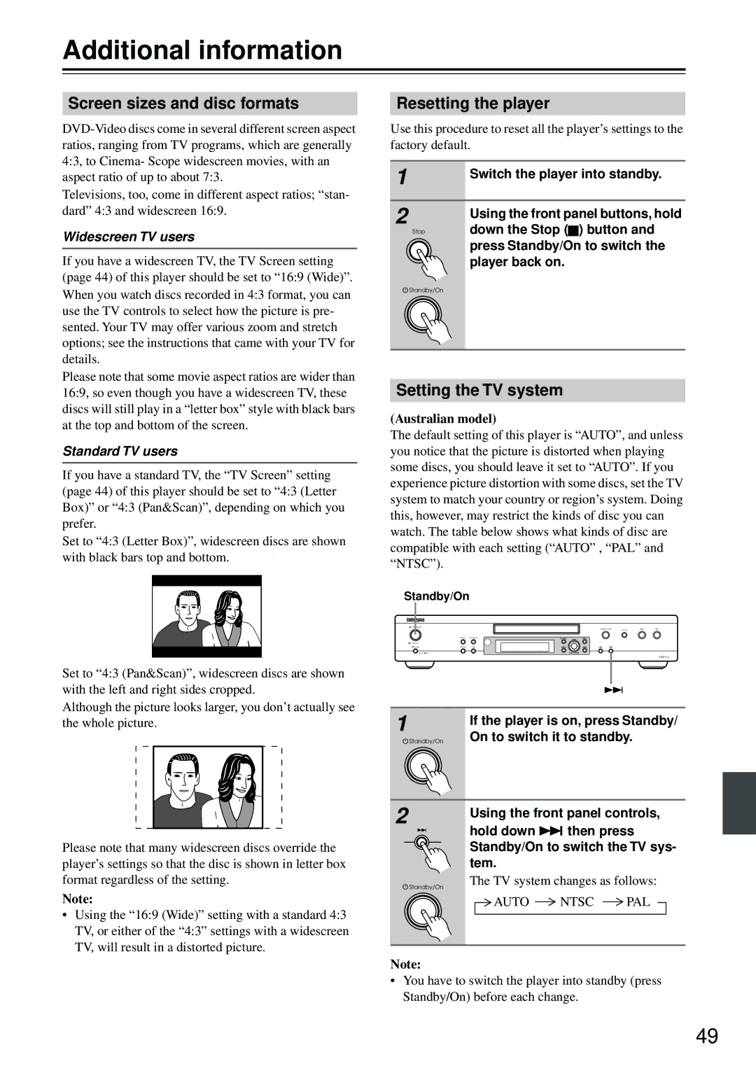 Integra DPS-5.4 Additional information, Screen sizes and disc formats, Resetting the player, Setting the TV system 