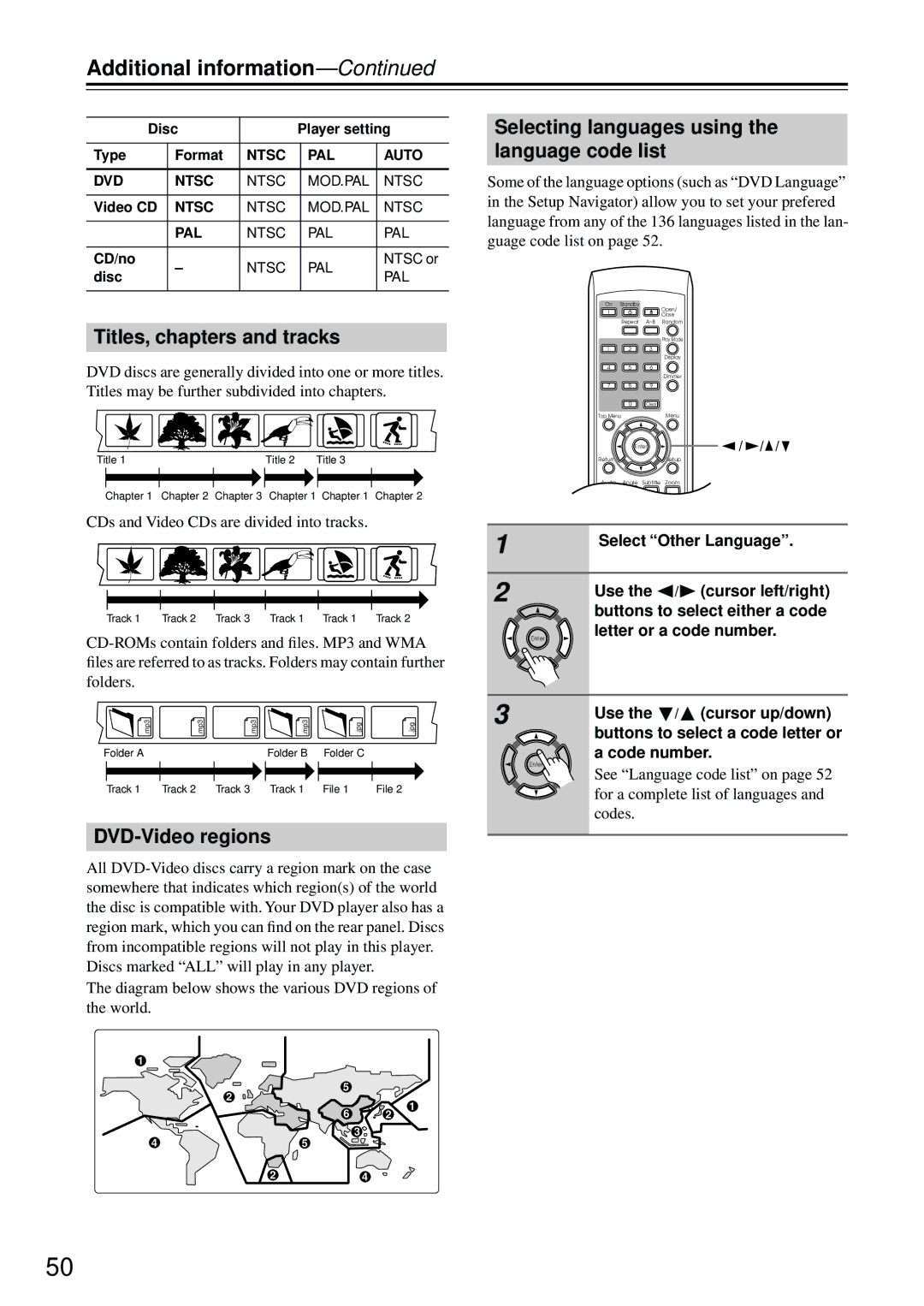 Integra DPS-5.4 Additional information, Titles, chapters and tracks, DVD-Video regions, Select Other Language 