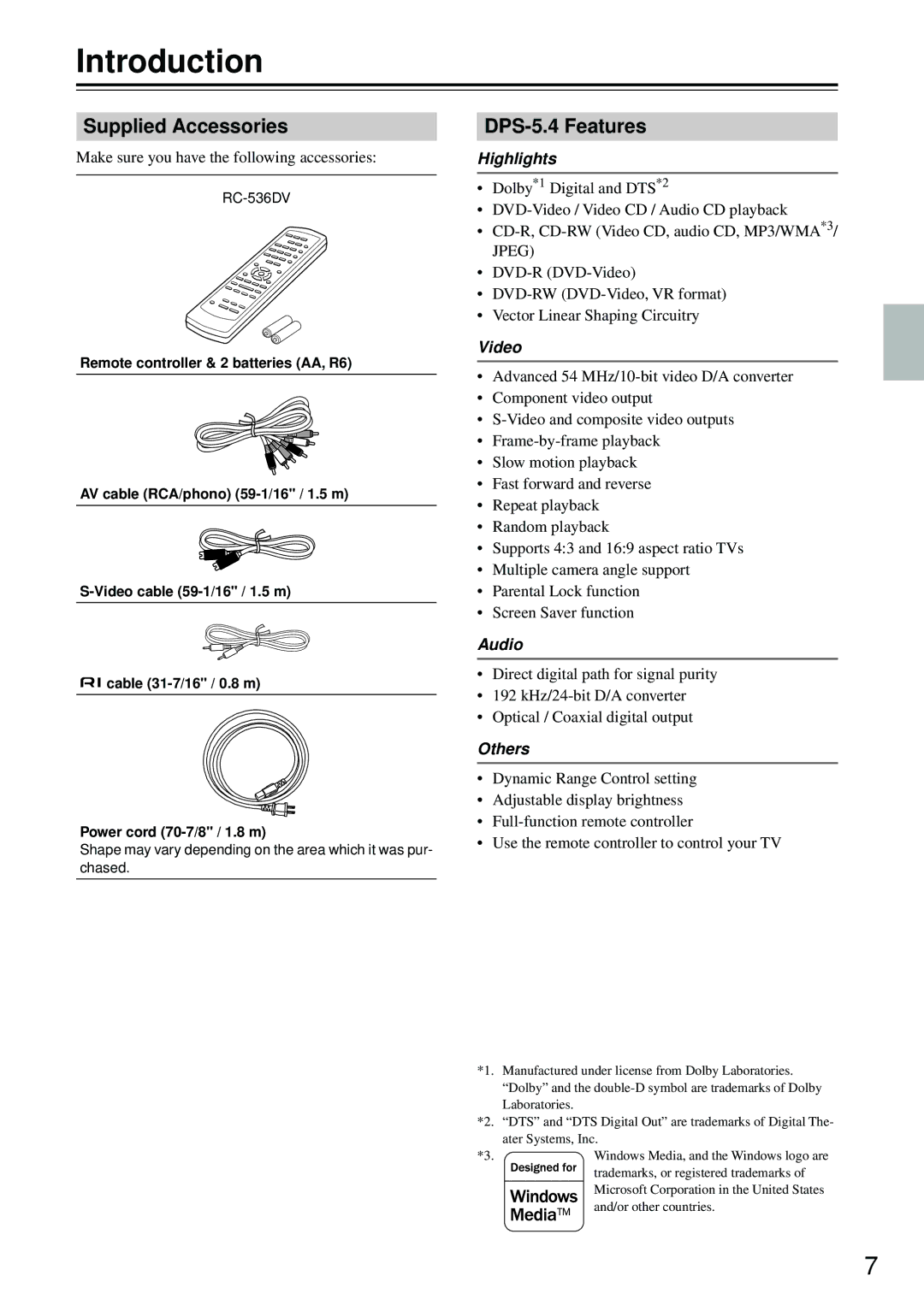 Integra instruction manual Introduction, Supplied Accessories, DPS-5.4 Features 