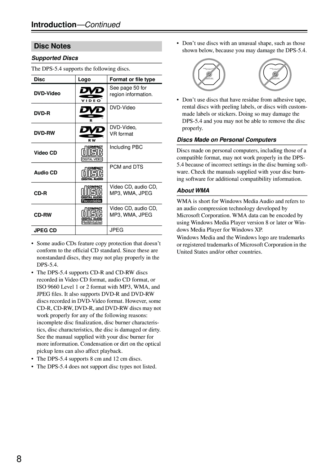 Integra DPS-5.4 instruction manual Introduction, Disc Notes, Supported Discs, Discs Made on Personal Computers, About WMA 