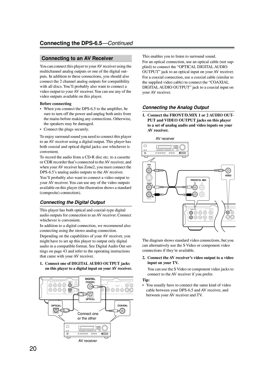 Integra DPS-6.5 Connecting to an AV Receiver, Connecting the Digital Output, Connecting the Analog Output, Tip 