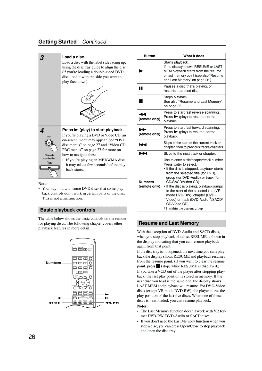 Integra DPS-6.5 Basic playback controls, Resume and Last Memory, Load a disc, Press Play to start playback 