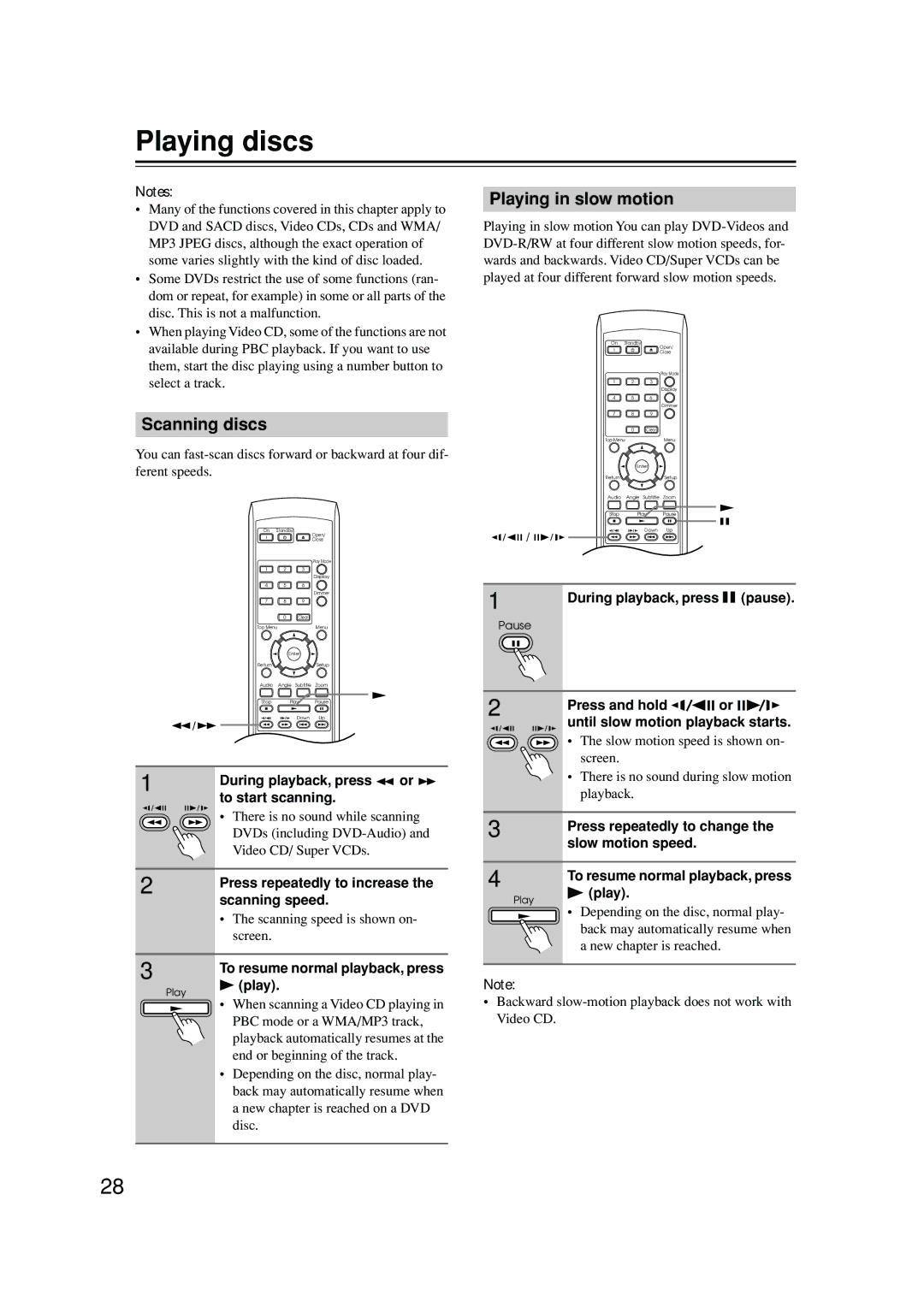 Integra DPS-6.5 instruction manual Playing discs, Scanning discs, Playing in slow motion 