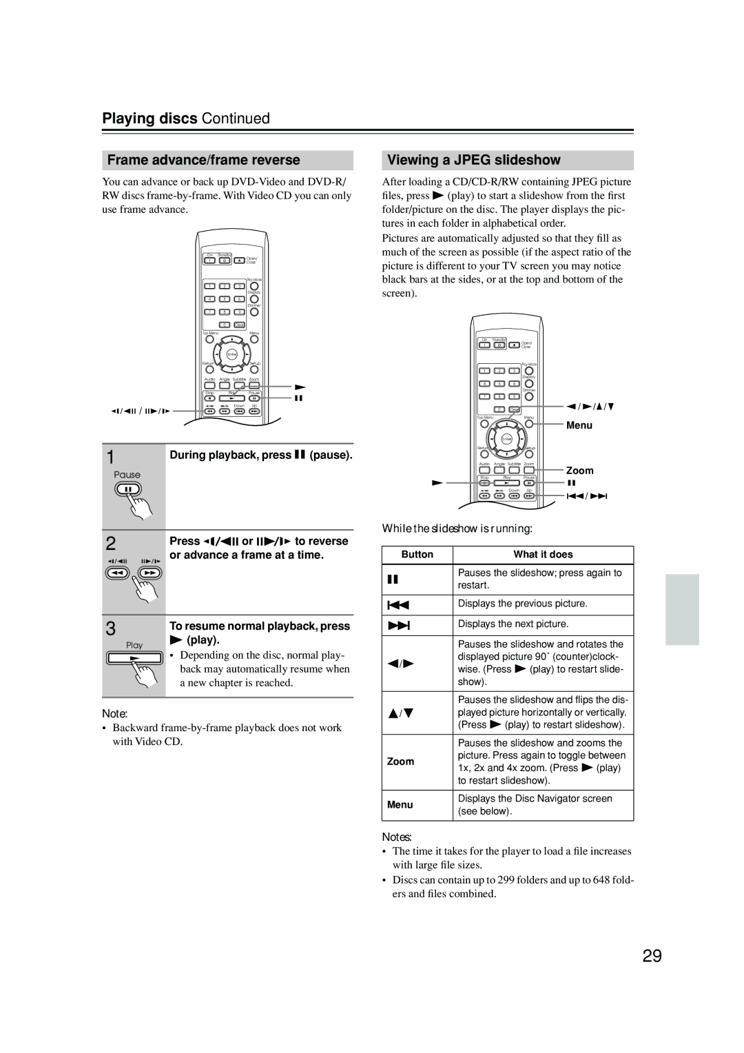 Integra DPS-6.5 Playing discs, Frame advance/frame reverse, Viewing a Jpeg slideshow, Press, Or advance a frame at a time 