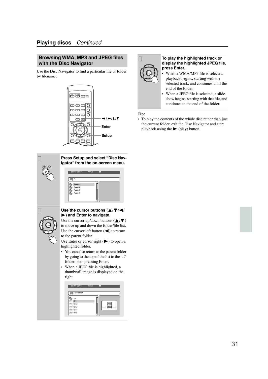 Integra DPS-6.5 instruction manual Browsing WMA, MP3 and Jpeg ﬁles with the Disc Navigator 