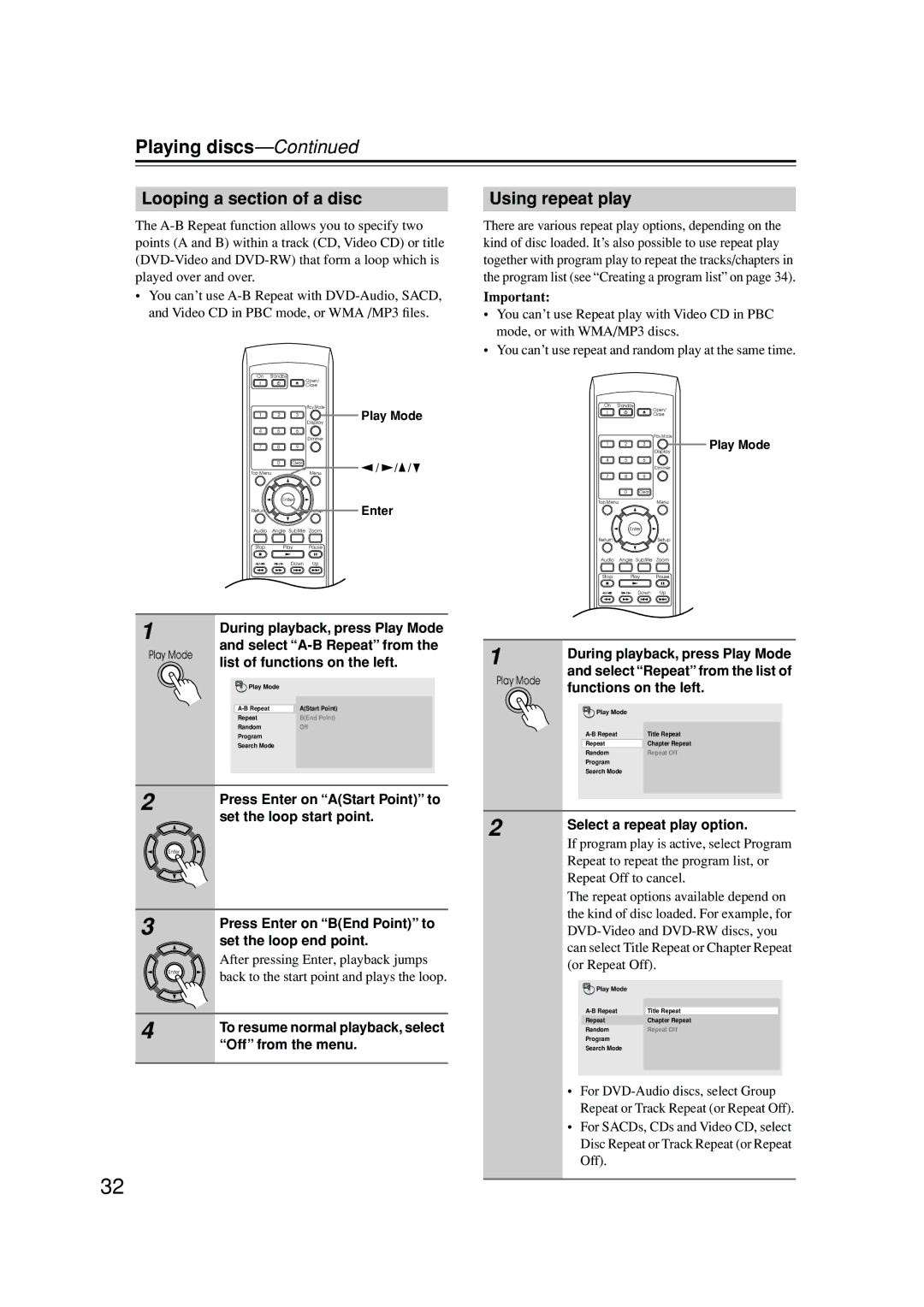 Integra DPS-6.5 instruction manual Looping a section of a disc, Using repeat play 