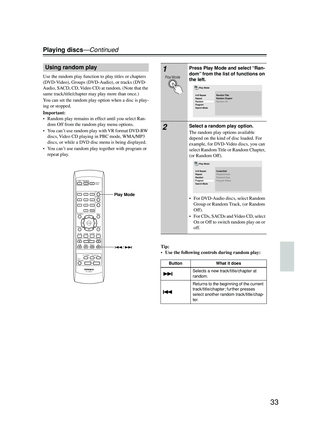 Integra DPS-6.5 Using random play, Press Play Mode and select Ran, Dom from the list of functions on, Left 