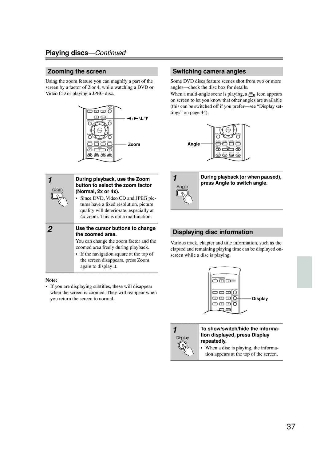 Integra DPS-6.5 instruction manual Zooming the screen, Switching camera angles, Displaying disc information 