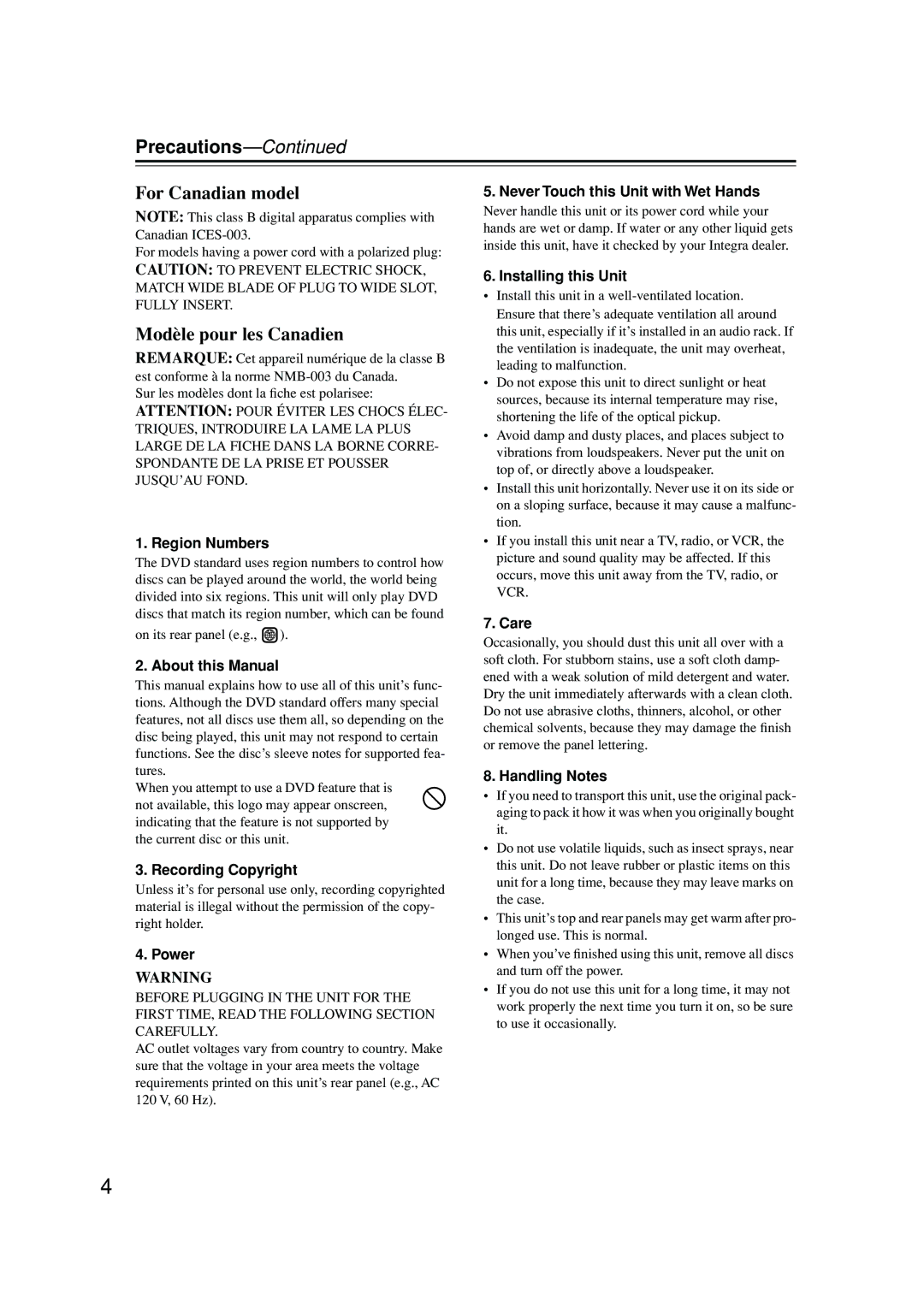 Integra DPS-6.5 instruction manual Precautions, For models having a power cord with a polarized plug 