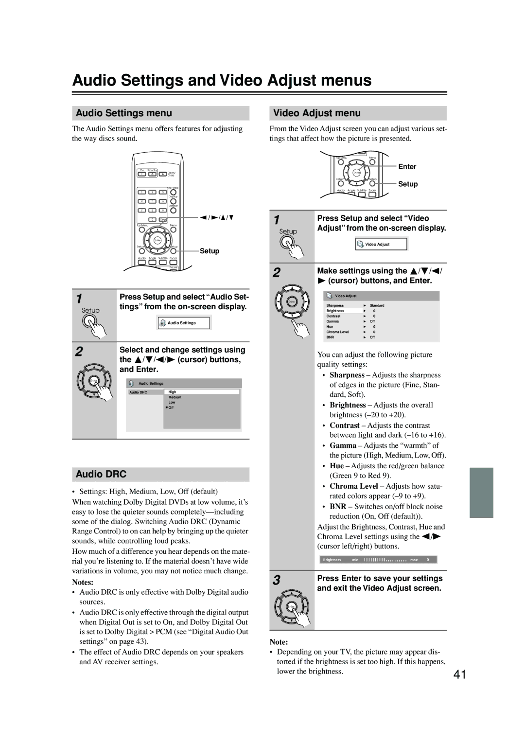 Integra DPS-6.5 instruction manual Audio Settings and Video Adjust menus, Audio Settings menu Video Adjust menu, Audio DRC 