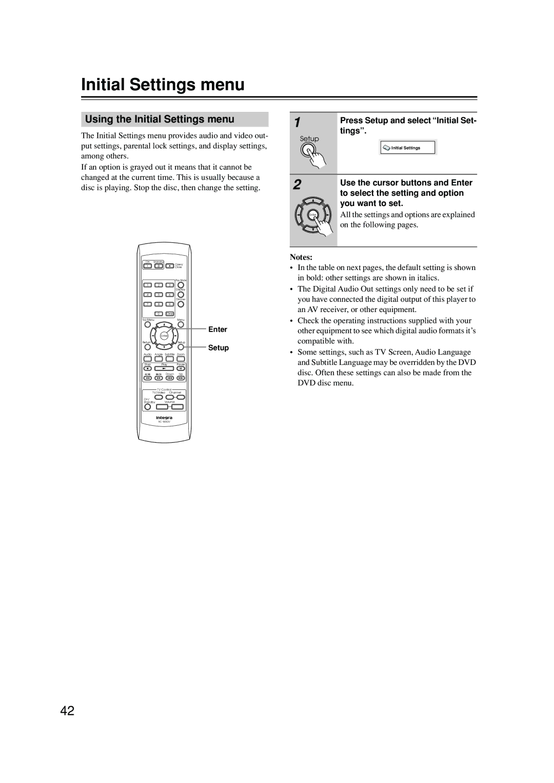 Integra DPS-6.5 instruction manual Using the Initial Settings menu, To select the setting and option, You want to set 