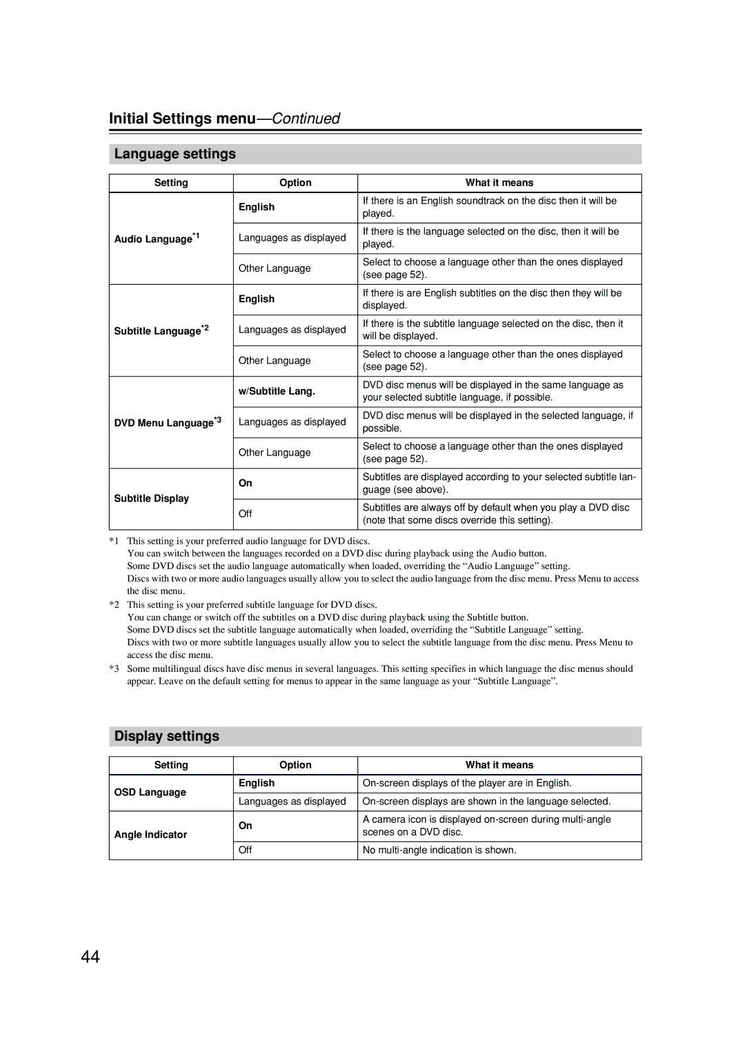 Integra DPS-6.5 instruction manual Language settings, Display settings 